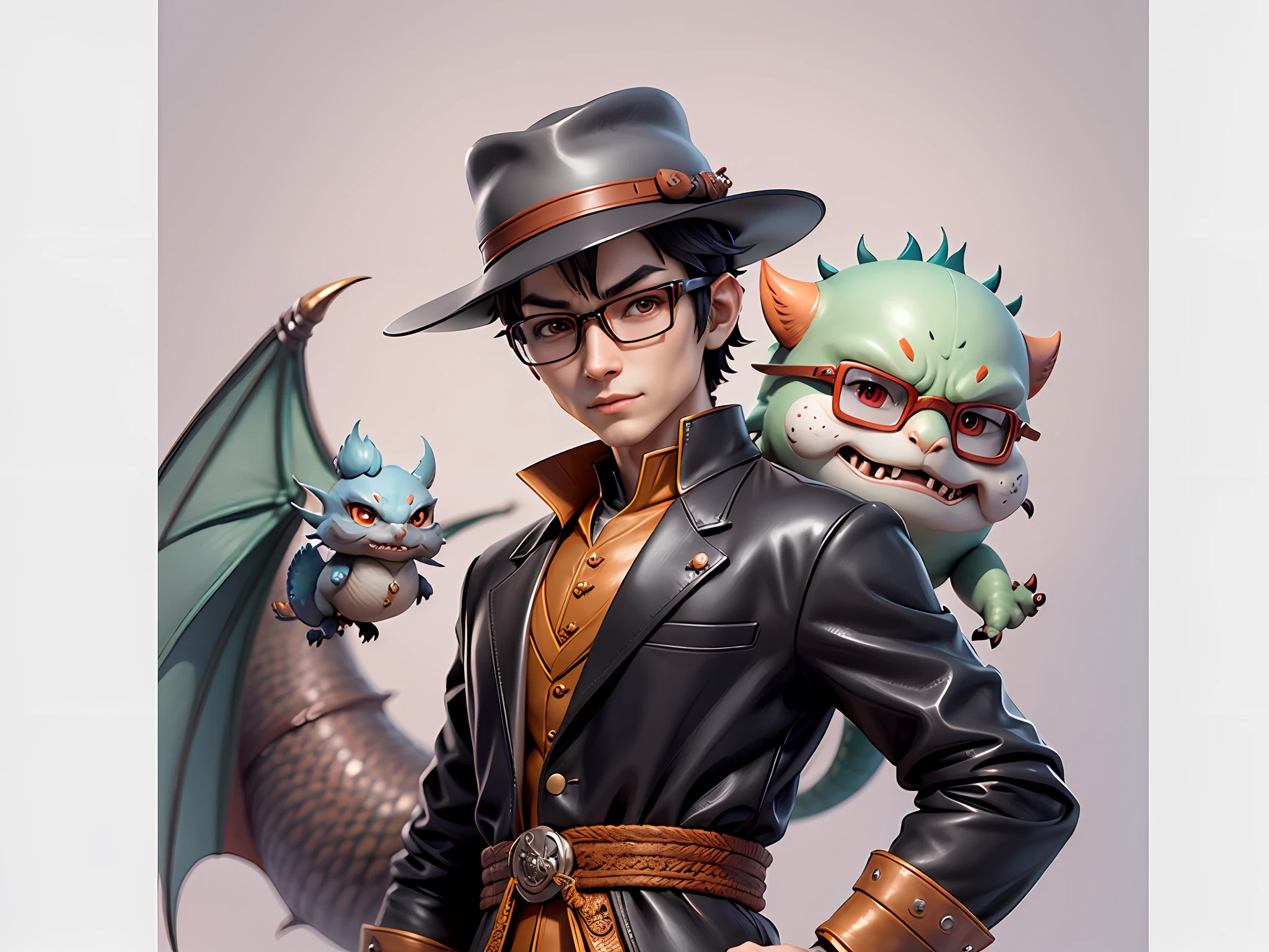 Young man with oriental face in leather hat, dragon, formal suit, short black hair, silver glasses, digital painting, 3D character design by Mark Clairedon and Pixar and Hayao Miyazaki and Akira Toriyama, the illustration is a high-definition illustration in 4K resolution with very detailed facial features and cartoon-style visuals.