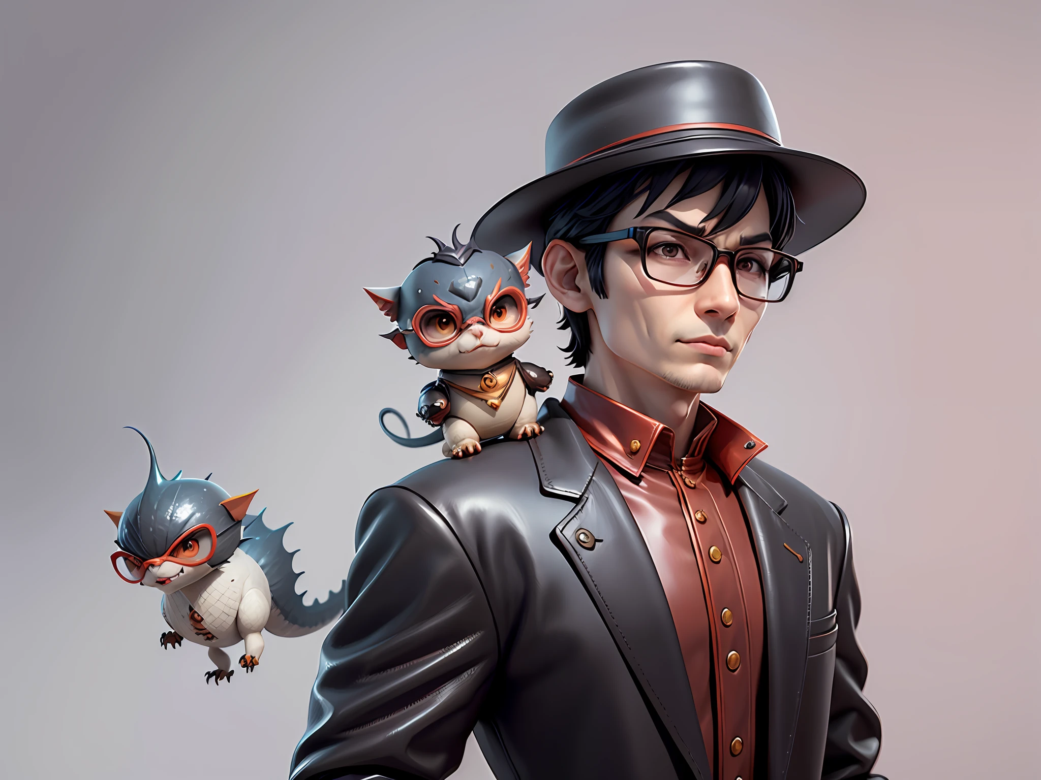 Young man with oriental face in leather hat, dragon, formal suit, short black hair, silver glasses, digital painting, 3D character design by Mark Clairedon and Pixar and Hayao Miyazaki and Akira Toriyama, the illustration is a high-definition illustration in 4K resolution with very detailed facial features and cartoon-style visuals.