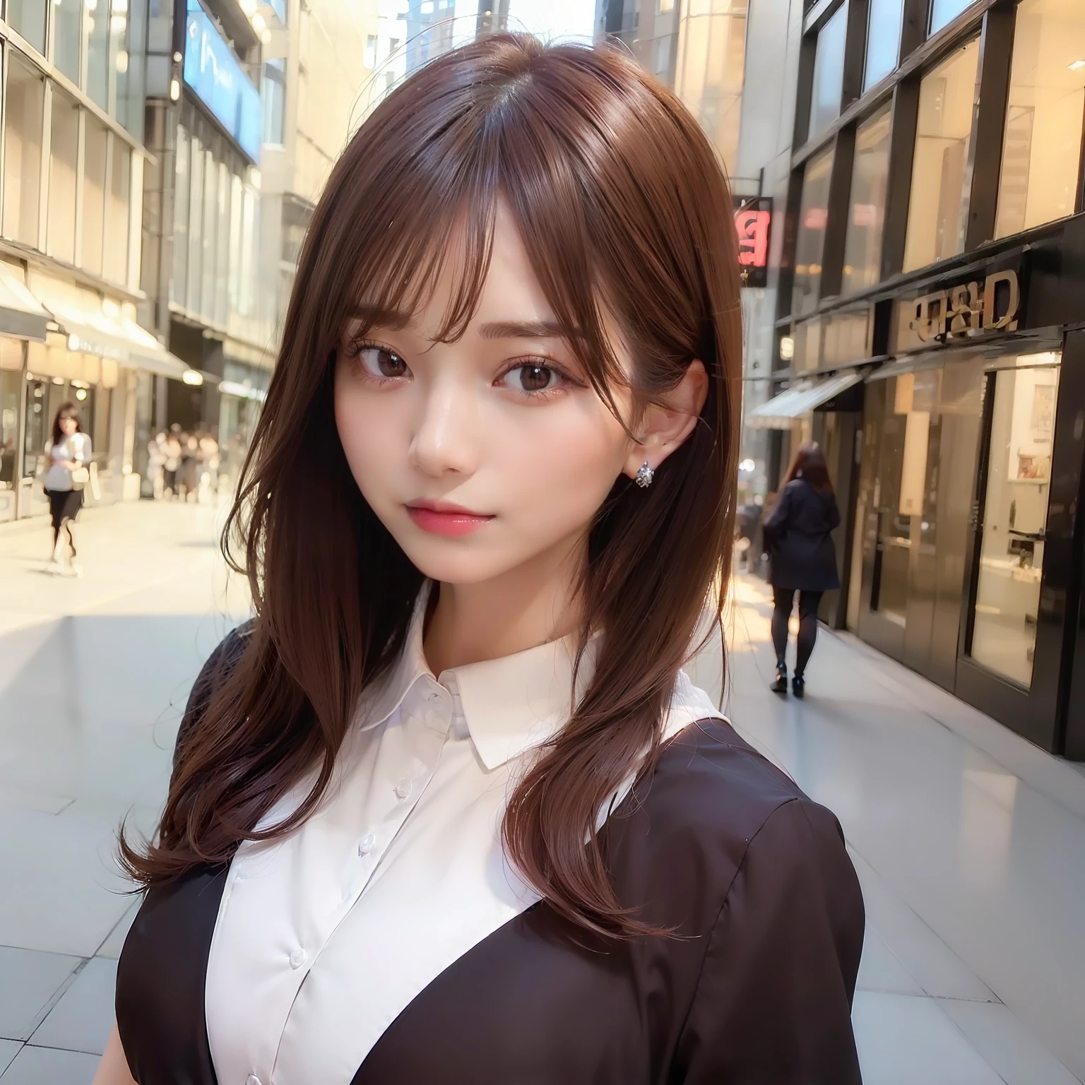 ((Best quality, 8k, Masterpiece :1.3)), Sharp focus :1.2, A pretty woman with perfect figure :1.4, Slender abs :1.2, ((Dark brown hair, Big breasts :1.2)), (White button up long shirt :1.1), City street:1.2, Highly detailed face and skin texture, Detailed eyes, Double eyelid