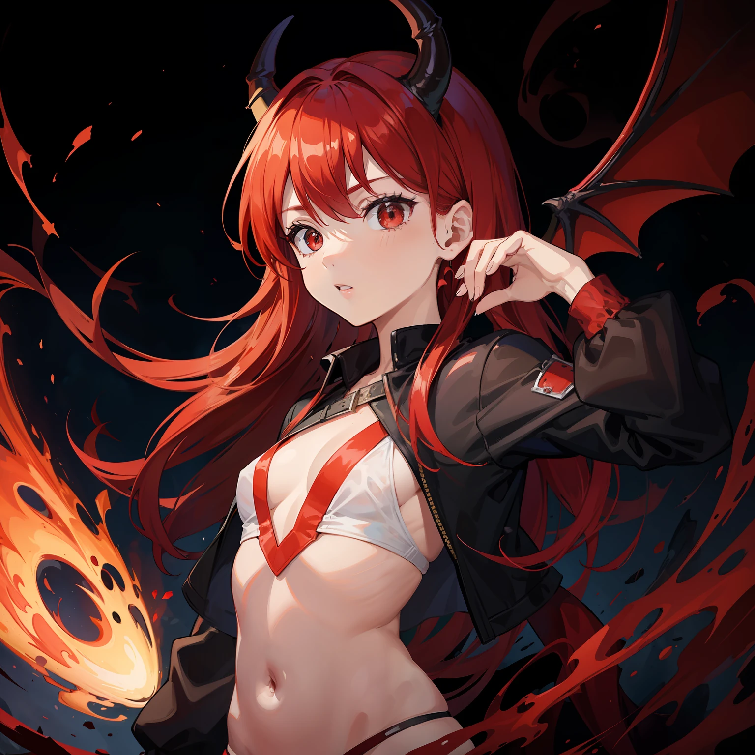 red hair ,Adscente, red hair, olhos alaranjados, peito pequeno,Demon , Asas , magic background,Chifres ,Cartoon, desenho, Magic, dragon's tail , vermelho , fios de cabelo ruivo