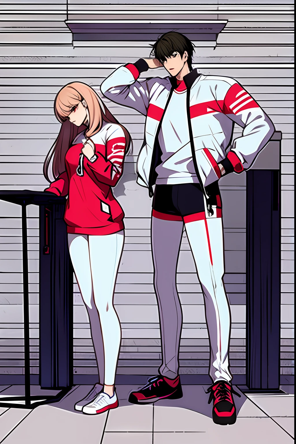 anime drawing of a man and woman standing on a scale, height 1 7 8, muscular!!, muscular!, muscular! white, yandere. tall, tall and slim, tall and muscular, very tall and slender, full body!!, by Naka Bokunen, full body;, full body!, [ adamantly defined abs ]!!, anime full body illustration