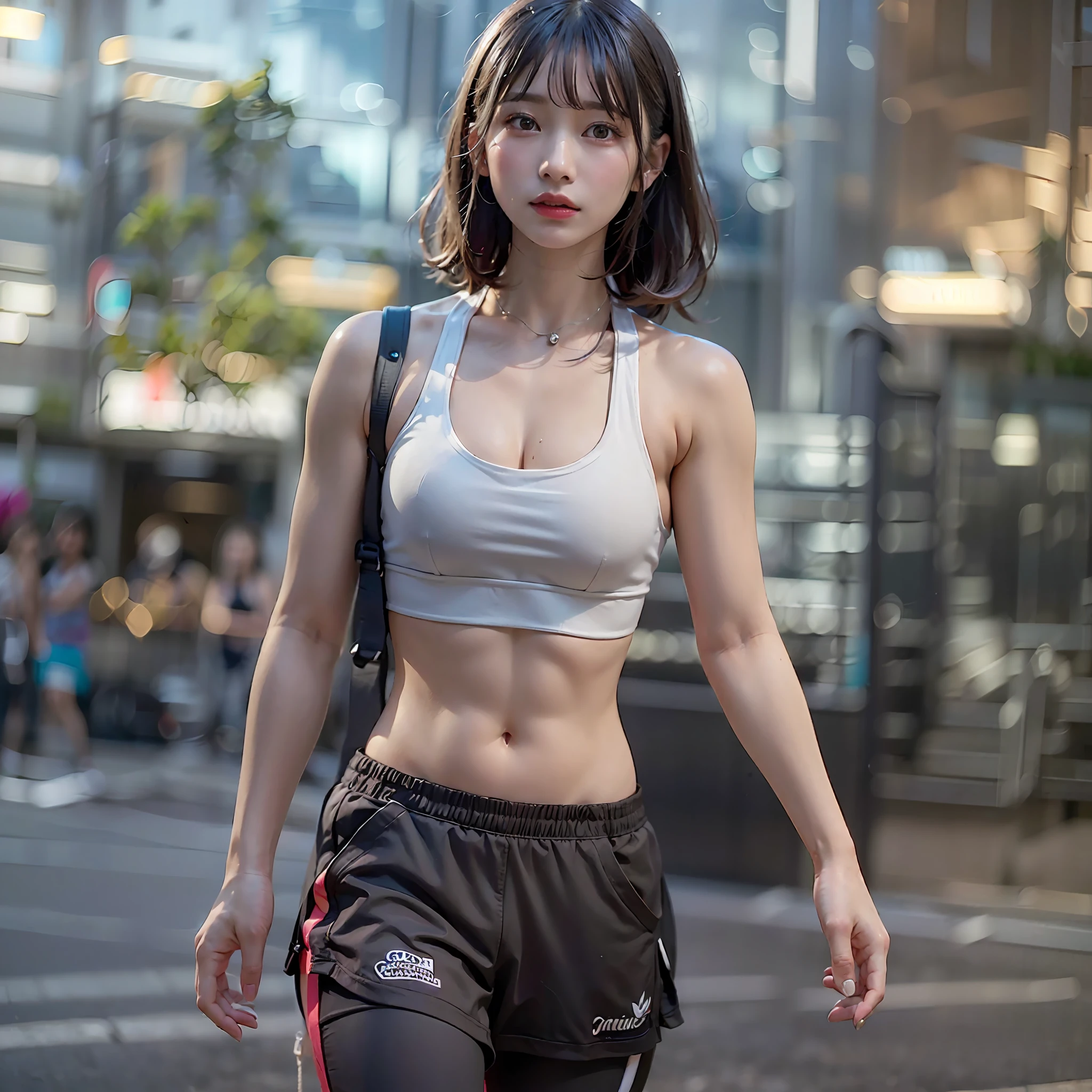 ((top-quality、8K、​masterpiece:1.3))、foco nítido:1.2、Beautiful woman with perfect body shape:1.4、Slender Abs:1.2、(Layered Haircut、small tits:1.8)、(Sportsbra:2.0)、(Jogging:1.8)、(a street:1.2)、Highly detailed facial and skin texture、A detailed eye、二重まぶた、A slight smil、Bokeh、((top-quality、8K、​masterpiece:1.3、Raw foto))、((Realistic lighting、top-quality、8K、​masterpiece:1.3))、flawless beauty:1.4、二重まぶた、32k UHD resolution、shot on Hasselblad H6D 400c Multi shot、Mitakon Speedmaster 35mm f1。4 XCD、1 persons