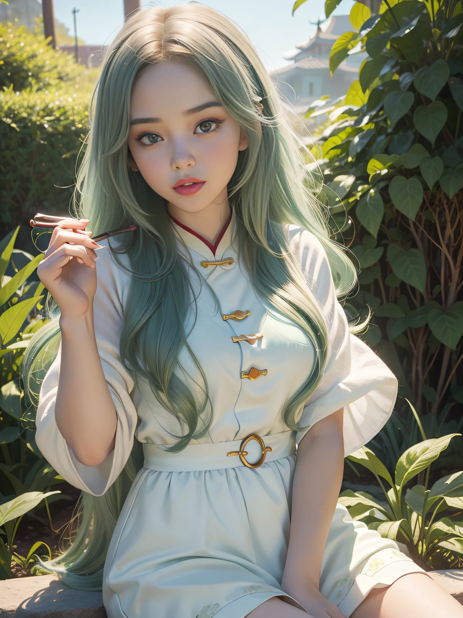 Long Light Hair,Close up to the face,Chinese big eyes girl with lipstick on her lips, Realistic scene style, Light green and light maroon, I can't believe how beautiful this is, pixar-style, pixar-style, pixar-style, pixar-style,Light white and light green, cartoon character