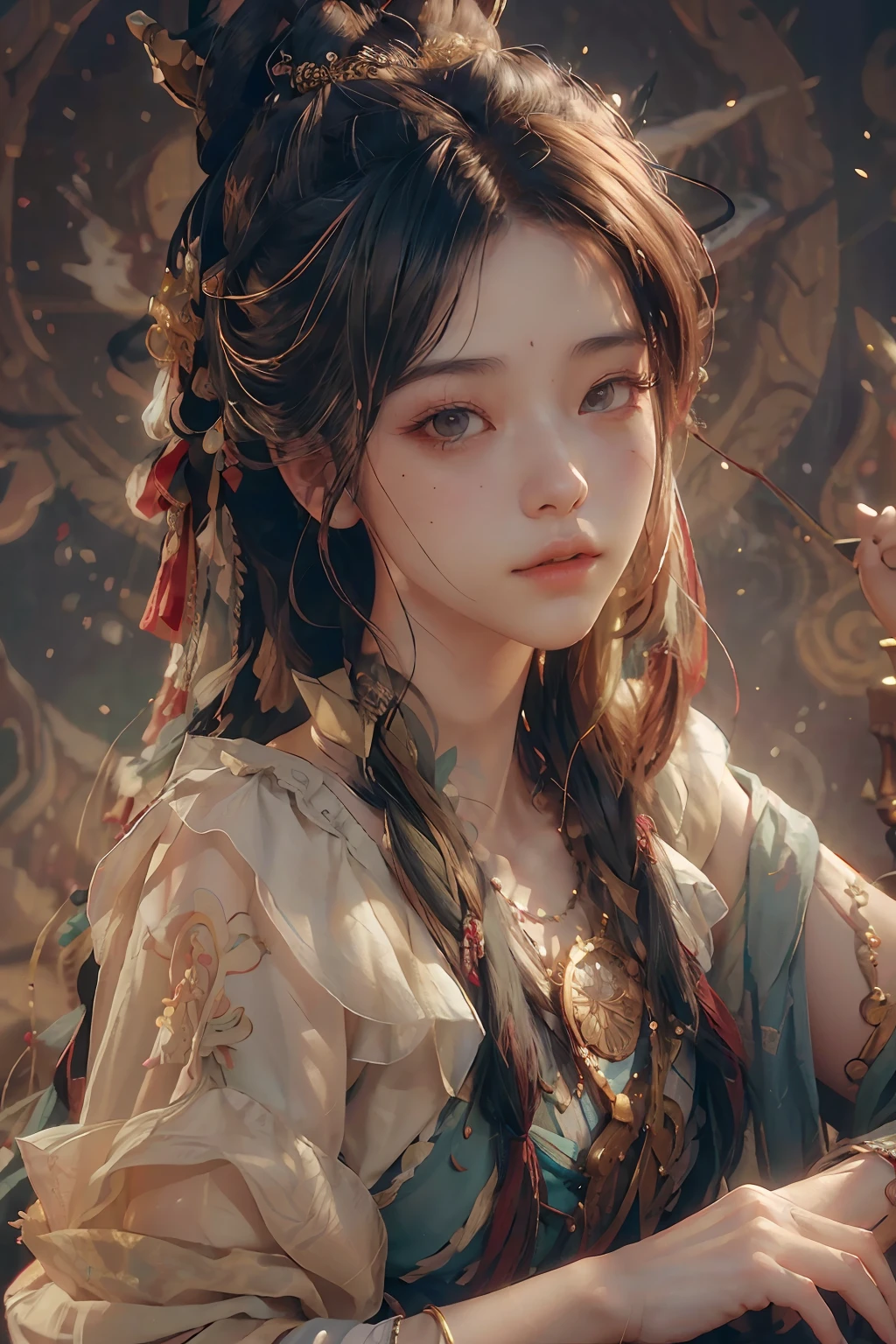 (RAW photo, best quality), (realistic, photo-realistic:1.3),best quality,highly detailed,masterpiece,ultra-detailed,illustration,1girl,upper_body,dynamic angle,world masterpiece theater,messy_long_hair,best quality,extremely detailed CG unity 8k wallpaper,ink,Amazing,cinematic lighting,lens_flare, dunhuang_style