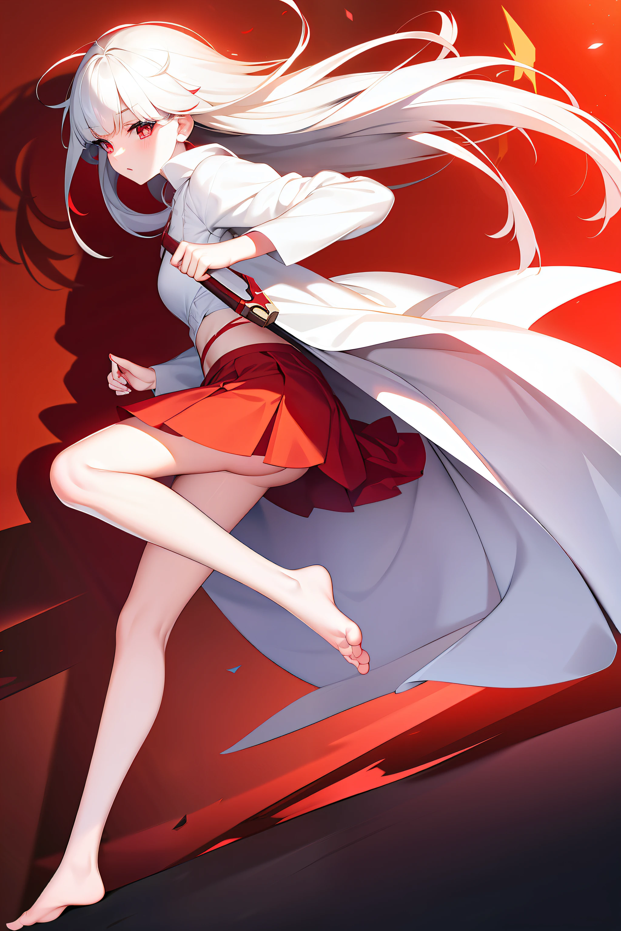 Has pure white hair,Blazing red pupils,Barefoot and wearing a short skirt,without wearing shoes