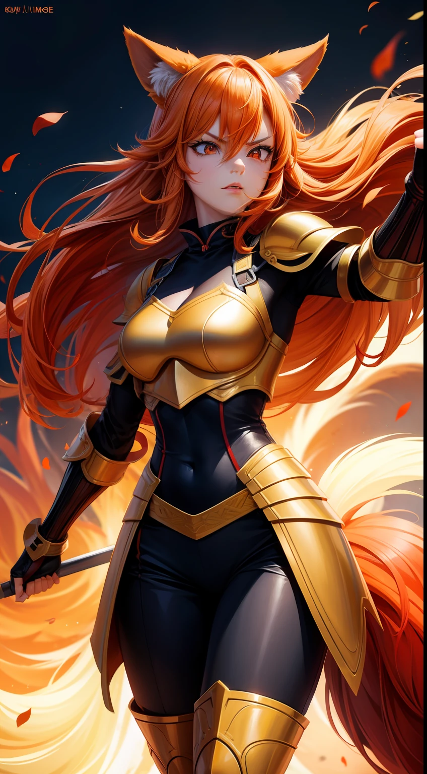 Adult woman, llong orange hair, Fox ears, red-eyes, Tight Korean armor, anger, Masterpiece, hiquality
