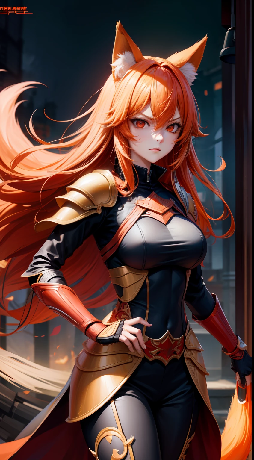 Adult woman, llong orange hair, Fox ears, red-eyes, Tight Korean armor, anger, Masterpiece, hiquality