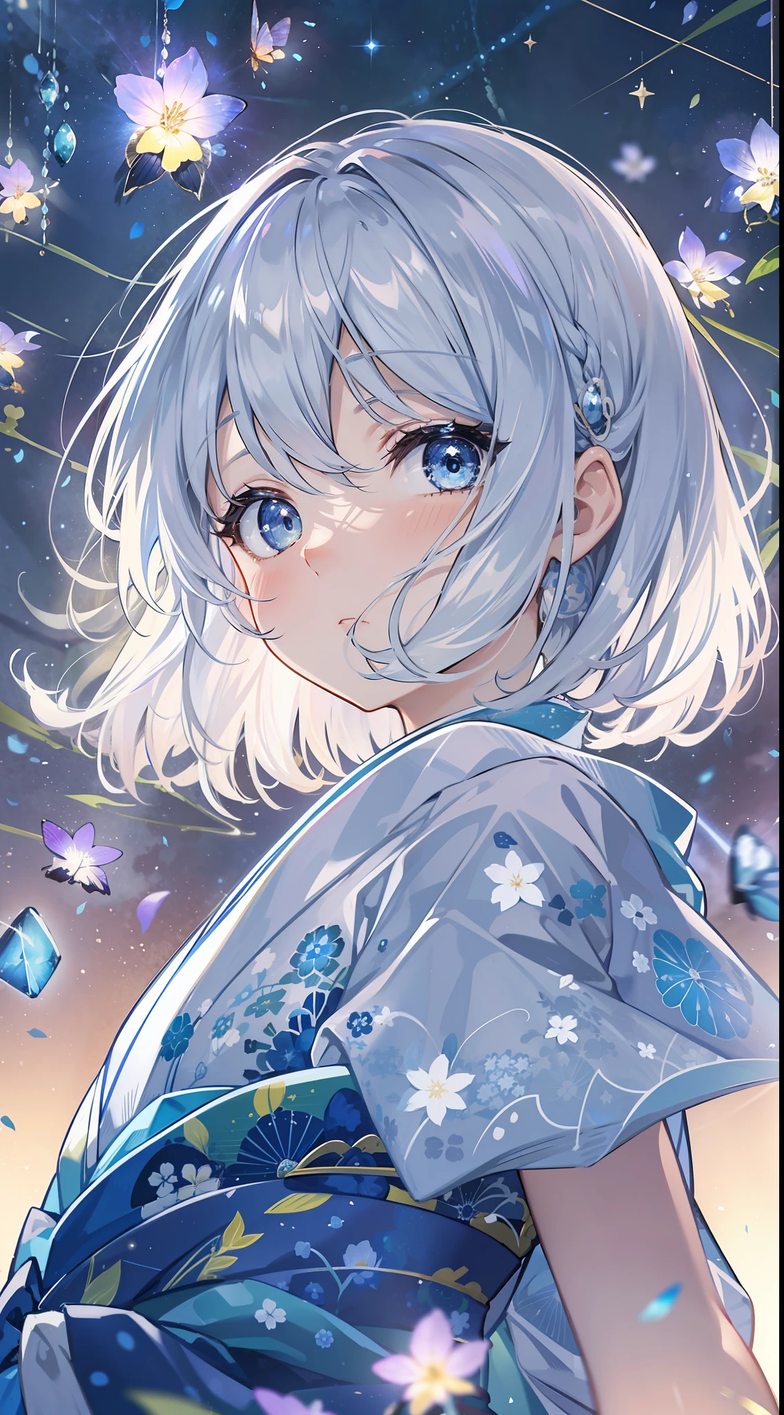 Short-haired woman with silver hair。I'm wearing a blue kimono。Fireflies are flying。I'm in the starry sky。The starry sky is colorful and shining。It is an anime-style illustration。Beautiful with the best image quality。Fantastical。