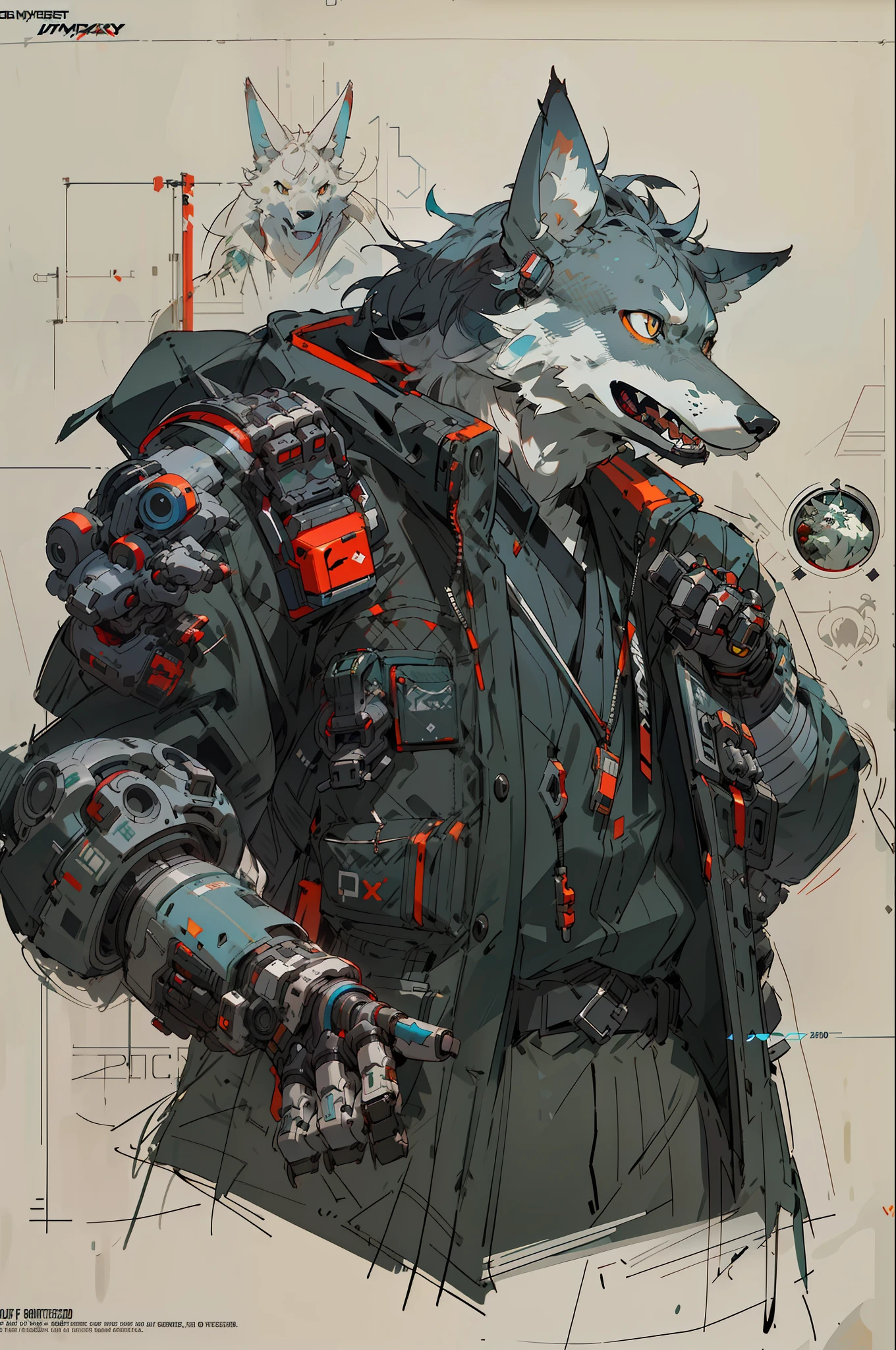 there is a drawing of a wolf in a suit with a gun, an anthropomorphic cyberpunk fox, good boy giant mecha wolf hound, medical mecha canine, detailed cyberpunk illustration, wojtek fus, senior concept artist, cyberpunk character art, cyberpunk themed art, detailed digital concept art, wolf armor, fashionable cyberpunk mechanoid, anthropomorphic wolf