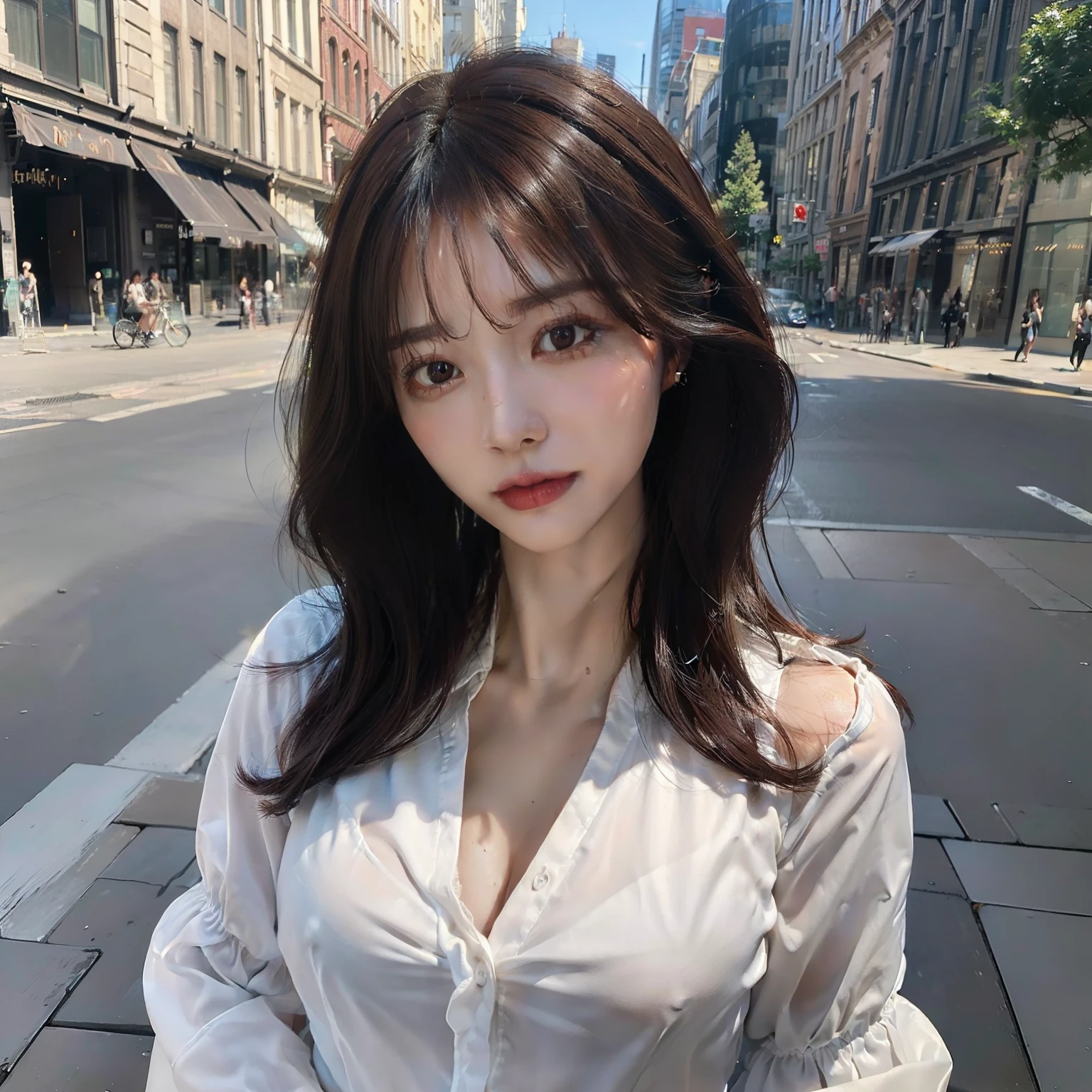 ((Best quality, 8k, Masterpiece :1.3)), Sharp focus :1.2, A pretty woman with perfect figure :1.4, Slender abs :1.2, ((Dark brown hair, Big breasts :1.2)), (White button up long shirt :1.1), City street:1.2, Highly detailed face and skin texture, Detailed eyes, Double eyelid