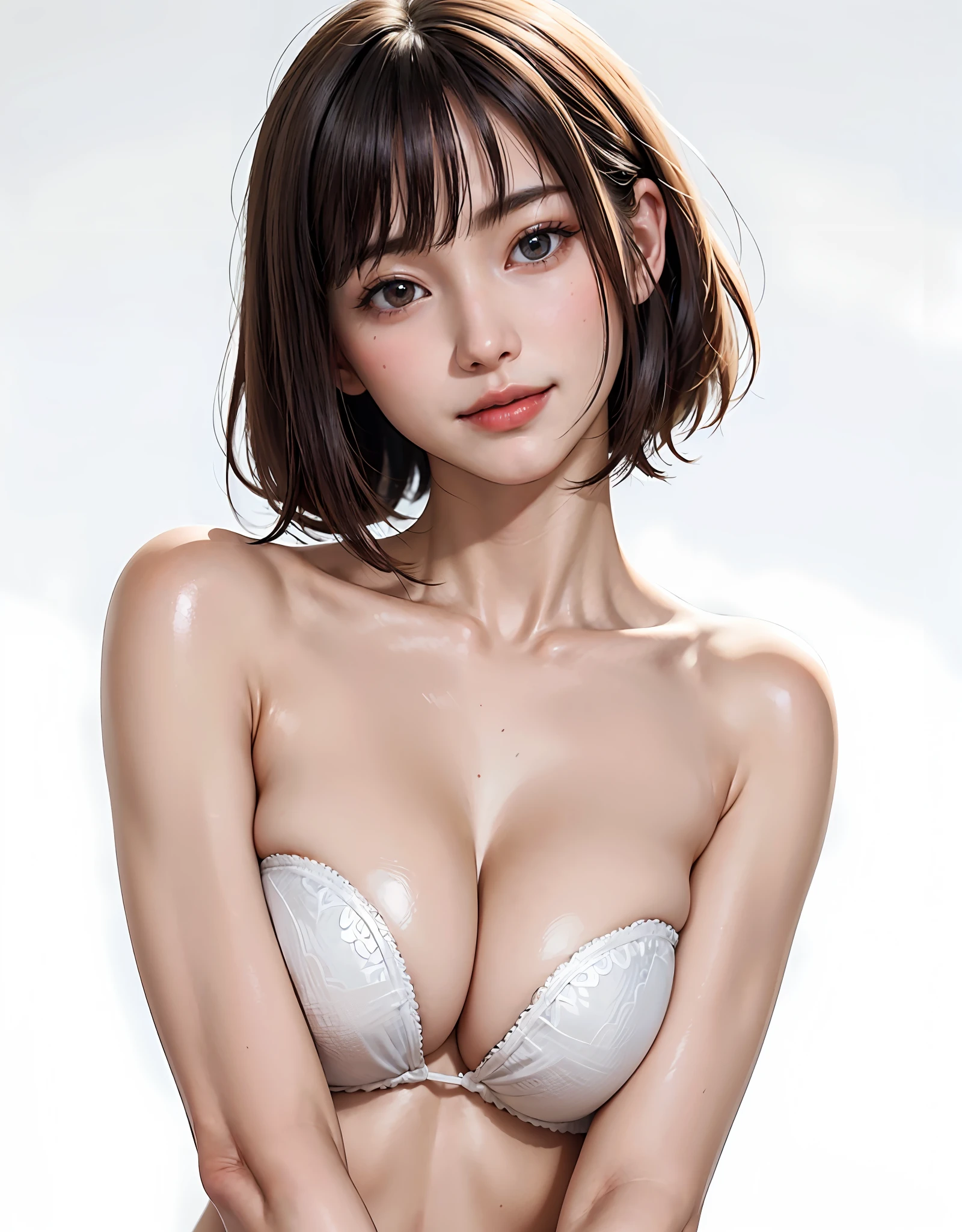 (Upper body naked、I'm not wearing anything、Nothing attached、Pretty adult supermodel with long legs)、Short bob cut with clean bangs、the neck is long、neck long、a small face、Clean collarbone、Glossy skin、face perfect、Perfect body、Perfect fingers、perfect arms、perfect hand、Smaller face、Look firmly at the camera、(Immaculate white background with nothing really、Really pure white blank background)、Wet skin、Perfect Anatomy、big highlight on eyes、very large breast、very Bigger breasts、Extra large size、28 year old、adult appeal、cute little、spotless、smil、Keep your mouth shut、Smile really happily、(Extreme close-up face)、Short, Beautiful hair fluttering in strong wind