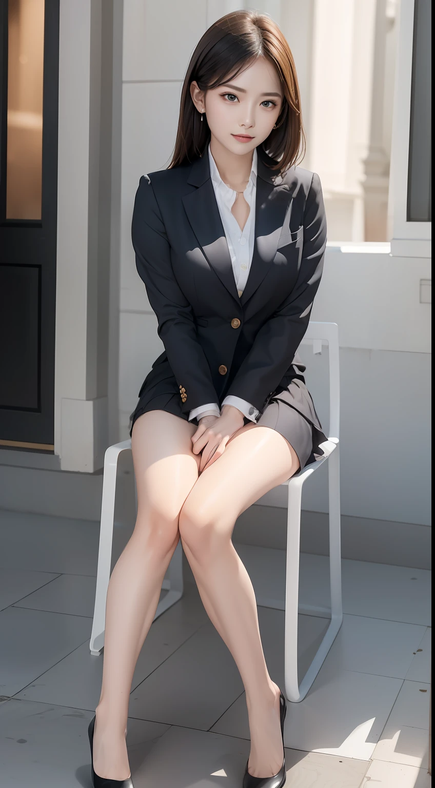 (Masterpiece:1.2), (Best quality), (Full body like:1.3) ,(Ultra detailed), (8K, Intricate), (Lens 135mm,F1.8), (Photorealistic)(Black background:1.3), Portrait photography,(dynamicposes),Side lighting,Edges are lit,Best shadow,Area light source,Perfect anatomy,Perfect face shape,Perfect for women,First-class female body,Refines skin texture,Fine cloth pattern,Meticulous beauty,Delicate and delicate skin,highlydetailed skin,paleskin,Delicate hair,glistning skin,top Quority, realisticlying, 8K, k hd, 1 rapariga, Female pervert, (Full body like:1.3), schools,痴女, blazer jacket, 校服,Visible nipple, with no underpants, The skirt is boldly pulled up, (legs are open), bend the knees and open the legs, The hairstyle is slightly shorter, Open your legs by grasping your knees with your hands, Buttoned shirt flutters