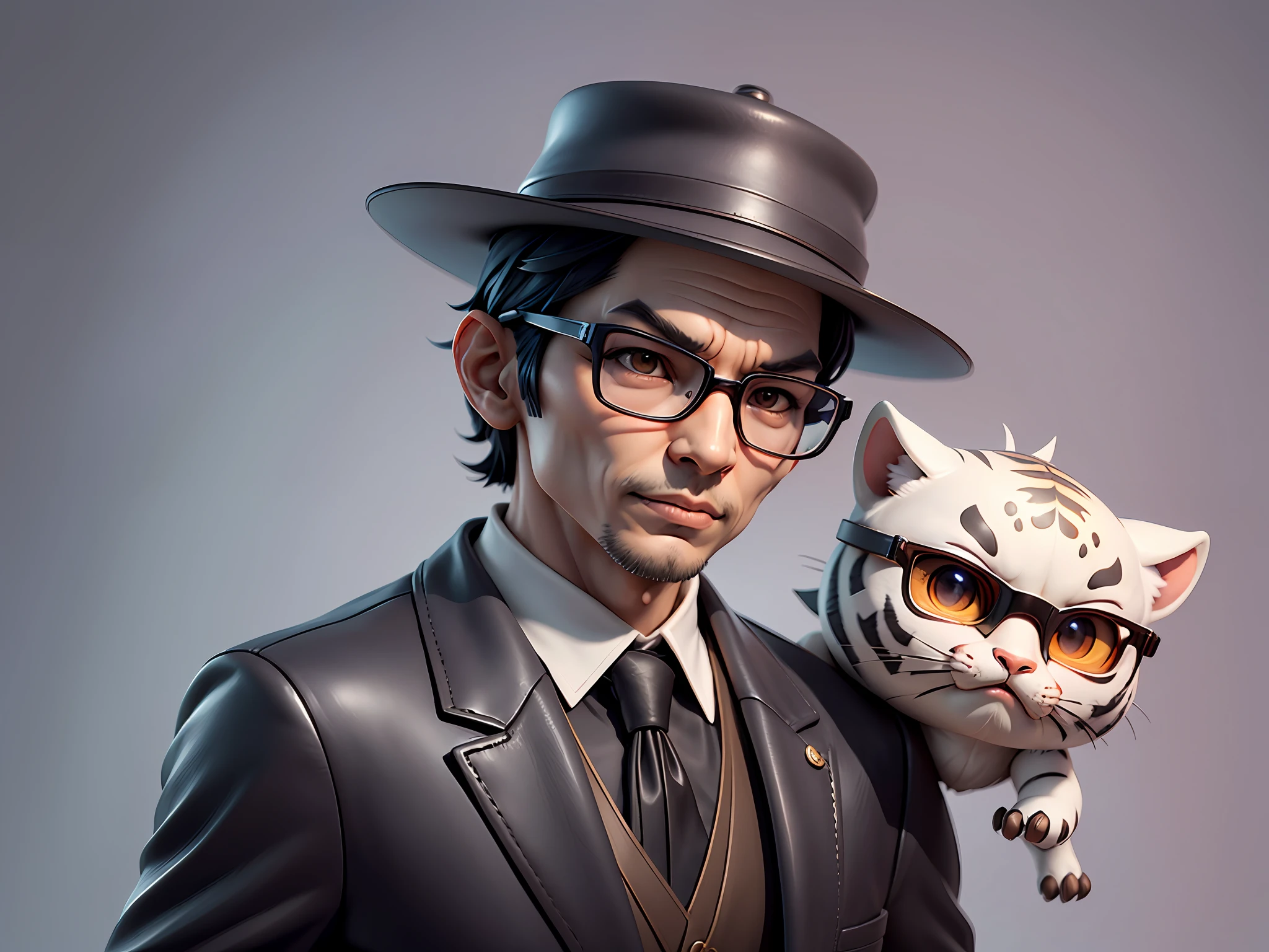 Young man with oriental face in leather hat, tiger, oriental face in formal suit, short black hair, silver glasses, digital painting, 3D character design by Mark Clairedon and Pixar and Hayao Miyazaki and Akira Toriyama, the illustration is a high-definition illustration in 4K resolution with very detailed facial features and cartoon-style visuals.