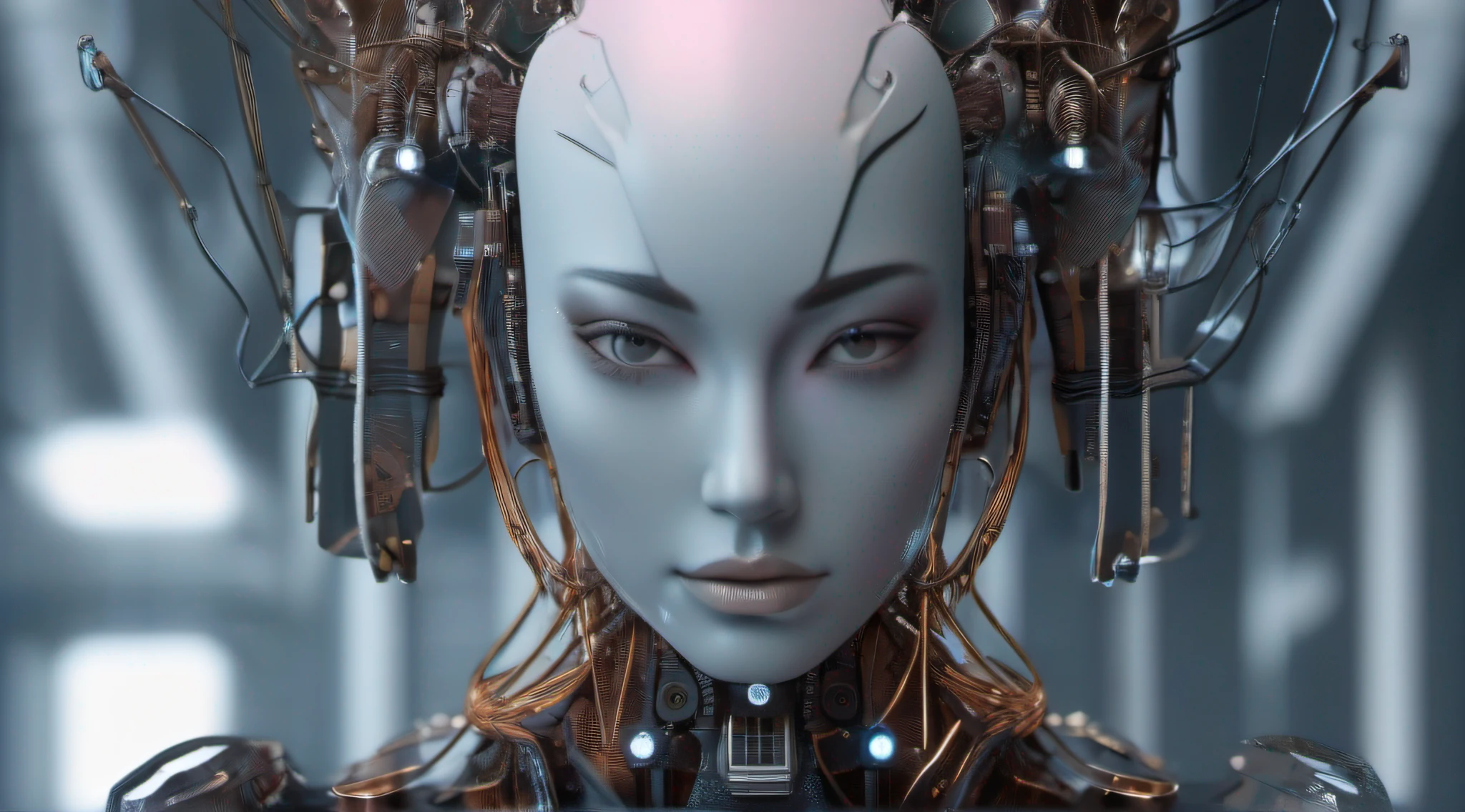 complex 3d render android face ultra detailed beautiful china profile woman, cyborg, robot part, 150 mm, beautiful studio soft light, edge light, vivid detail, fancy cyberpunk, lace, hyperrealistic, anatomy, facial muscles, electric wires, microchips, elegant, beautiful background, octane render, HR Giger style, 8k, top quality, masterpiece, illustration, smooth and beautiful, highly detailed, CG, unity, wallpaper, (realistic, photo-realistic: 1.37), excellent, detail refined, masterpiece, top quality, official art, highly detailed, absurd CG unity 8k wallpaper, absurd, robot, silver halmet, full body, sitting