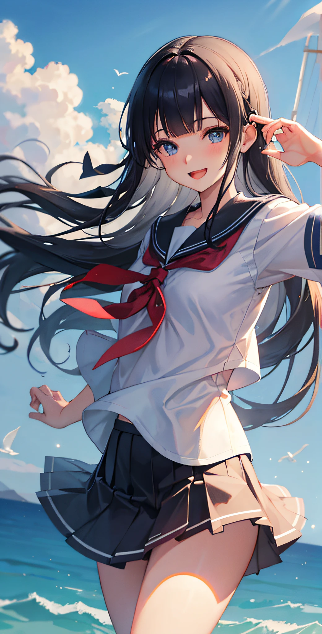 Shizuka Mogami (million live), (Best quality, 8K, Masterpiece, Ultra detailed:1.2), Dynamic pose, Long gray hair，ultra-wide-angle，Faraway view，Movie Angle, Cowboy shot, Light particles, Sparkle, Beautiful detailed eyes, Shiny skin, Shiny hair, day, Dappled sunlight, Blue sky, Beautiful clouds, beach, Wide shot, Depth of field, Blurry, Sail ships, Ocean, seagulls, Islands in the distance, 1girll, Solo, Black hair, Long hair, Blue eyes, Blunt bangs, side locks, halfupdo, hime-cut, Hair ribbon, Skirt, Smile, Cute, cheerfulness, Open mouth, Sailor collar, shirt, Pleated skirt, Short sleeves, :D, school uniform, serafuku, 鎖骨, ribbon, bow, arms out,