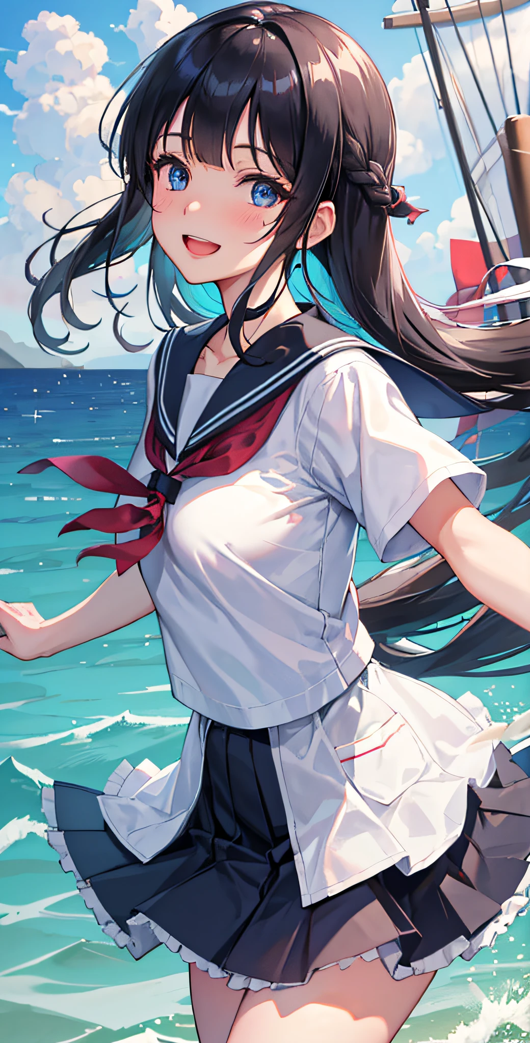 Shizuka Mogami (million live), (Best quality, 8K, Masterpiece, Ultra detailed:1.2), Dynamic pose, Long gray hair,ultra-wide-angle,Faraway view,Movie Angle, Cowboy shot, Light particles, Sparkle, Beautiful detailed eyes, Shiny skin, Shiny hair, day, Dappled sunlight, Blue sky, Beautiful clouds, beach, Wide shot, Depth of field, Blurry, Sail ships, Ocean, seagulls, Islands in the distance, 1girll, Solo, Black hair, Long hair, Blue eyes, Blunt bangs, side locks, halfupdo, hime-cut, Hair ribbon, Skirt, Smile, Cute, cheerfulness, Open mouth, Sailor collar, shirt, Pleated skirt, Short sleeves, :D, school uniform, serafuku, 鎖骨, ribbon, bow, arms out,