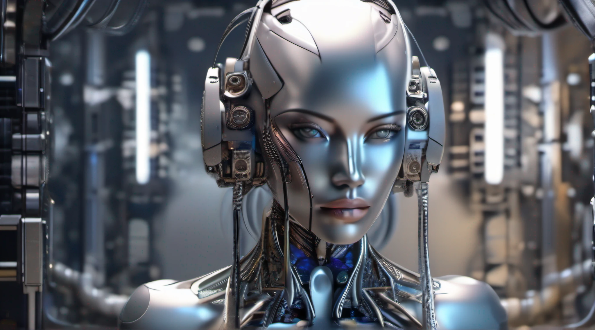 complex 3d render android face ultra detailed beautiful china profile woman, cyborg, robot part, 150 mm, beautiful studio soft light, edge light, vivid detail, fancy cyberpunk, lace, hyperrealistic, ???????, facial muscles, electric wires, microchips, elegant, beautiful background, octane render, HR Giger style, 8k, top quality, masterpiece, illustration, smooth and beautiful, highly detailed, CG, unity, wallpaper, (realistic, photo-realistic: 1.37), excellent, detail refined, masterpiece, top quality, official art, highly detailed, absurd CG unity 8k wallpaper, absurd, robot, silver halmet, full body, sitting