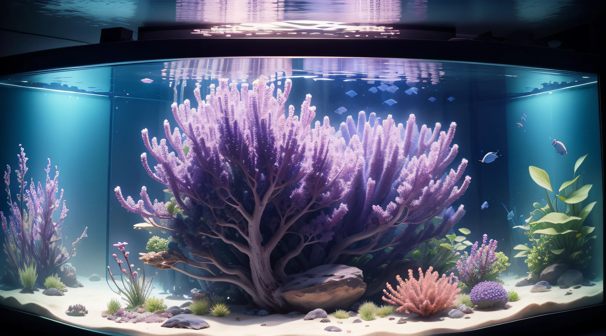 Giant aquarium in an aquarium、Lavender everywhere at the bottom of the aquarium、top-quality、in 8K、​masterpiece、a picture、Photorealsitic、Raw photography、top-quality、high-detail、真实感、photos realistic、Professional color correction