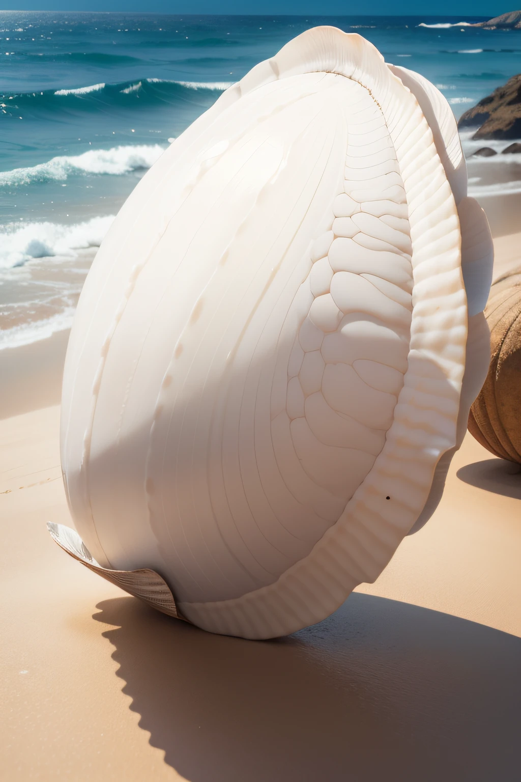 There is a large clam shell on a white surface, Concha grande, Vista lateral acima, Smooth carapace, visto de lado, visto de lado, concha, Concha do mar, de lado, craca, Abalone, side view, Concha pontiaguda, Buzios, concha hiper detalhada, vista lateral frontal, Photo taken from behind