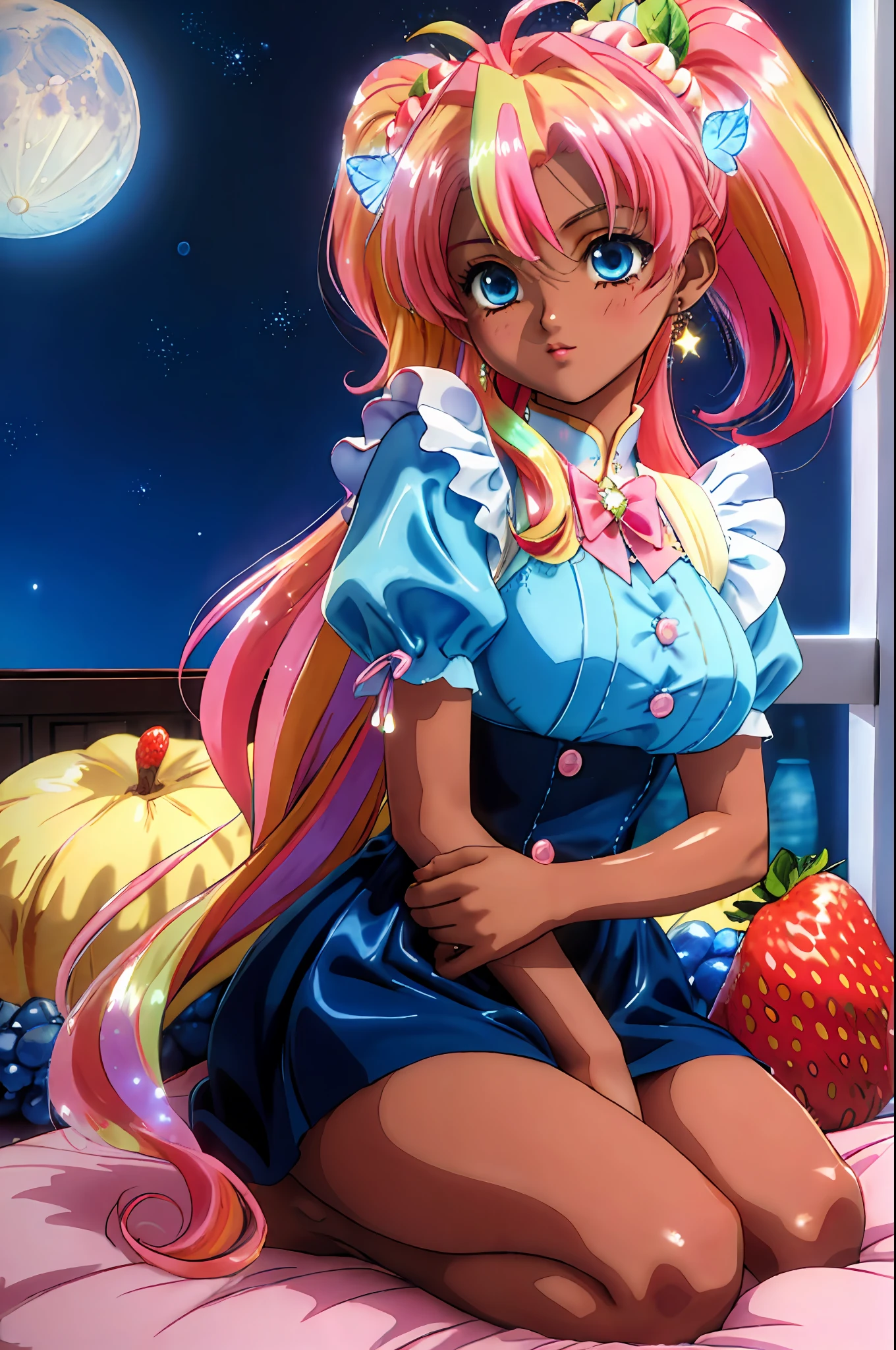 masterpiece,best quality, 1girl, cupcake theme, pastries, strawberry and vanilla flavored, shiny, sparkles, butterflies and glitter, pearlescent, flavorful, delicious, maid outfit in pink and white, blonde with pink hair streakes, gradient_hair, buttons, stars, moon, nighttime, pajama party, room, teddy, dark skin, black skin, brown skin, blue and black dress with green fruits, realistic anime, 8k, cinematic, dramatic,1990s \(style\)