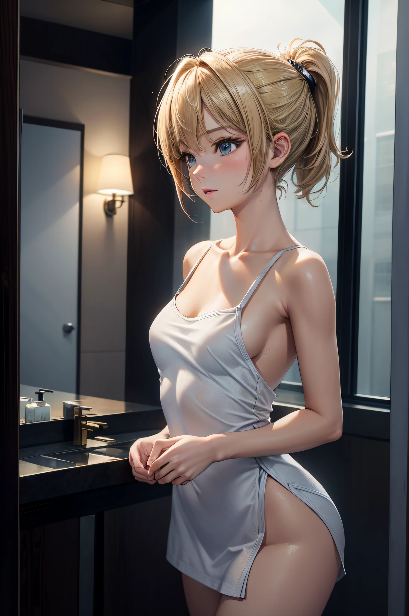 (masterpiece:1.2), (best quality:1.2), (extremely detailed:1.2), 1girl, medium breasts, light blonde hair, short hair, ponytail, fit and petite body, shushing,
open towel,
in the bathroom, luxurious hotel,