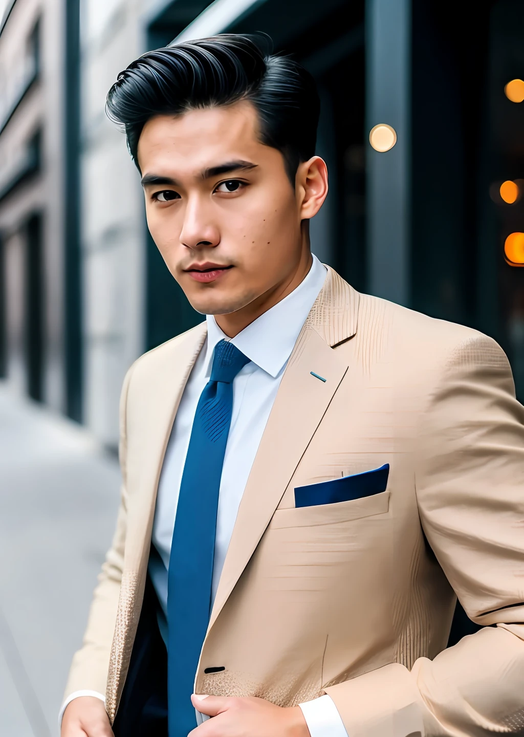 RAW Photography、Photo of a 25-year-old man in a suit、daytime、Street、(High Detail Skins:1.2)、8k UHD、Digital SLR、Soft lighting、hightquality、film grains、FujifilmXT3、suits、jaket、businessman