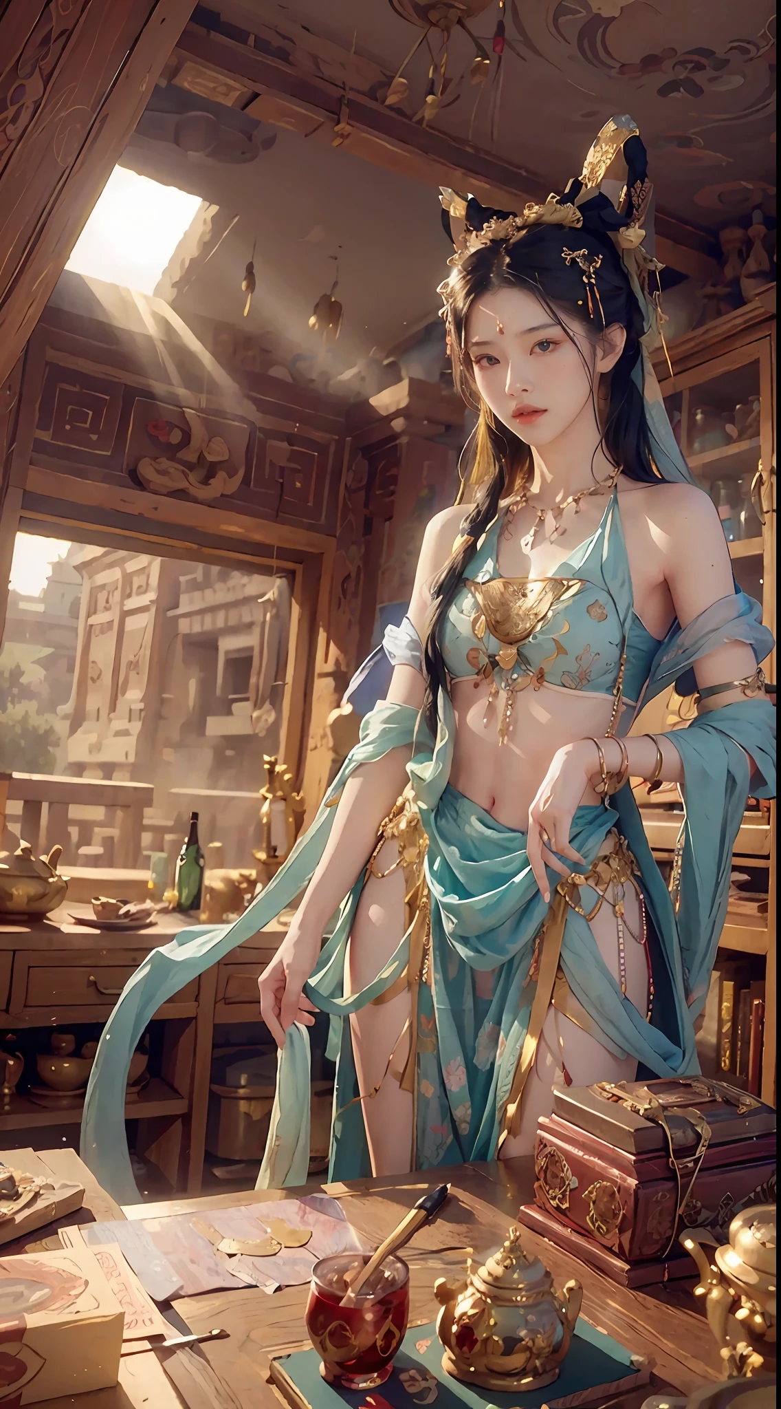 (RAW Photo, Best Quality), (Realistic, Photo Realistic: 1.3), Best Quality, Highly Detailed, Masterpiece, Hyper Detail, Illustration, 1 Girl, upper_body, Dynamic Angle, Full Body Photo, World Masterpiece Theater, messy_long_hair, Best Quality, Extremely Detailed CG Unified 8k Wallpaper, Ink, Amazing, Cinematic Lighting, lens_flare,, dunhuang_style