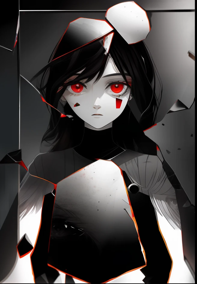 A beautiful woman，Broken mirror，Red tears，black andwhite