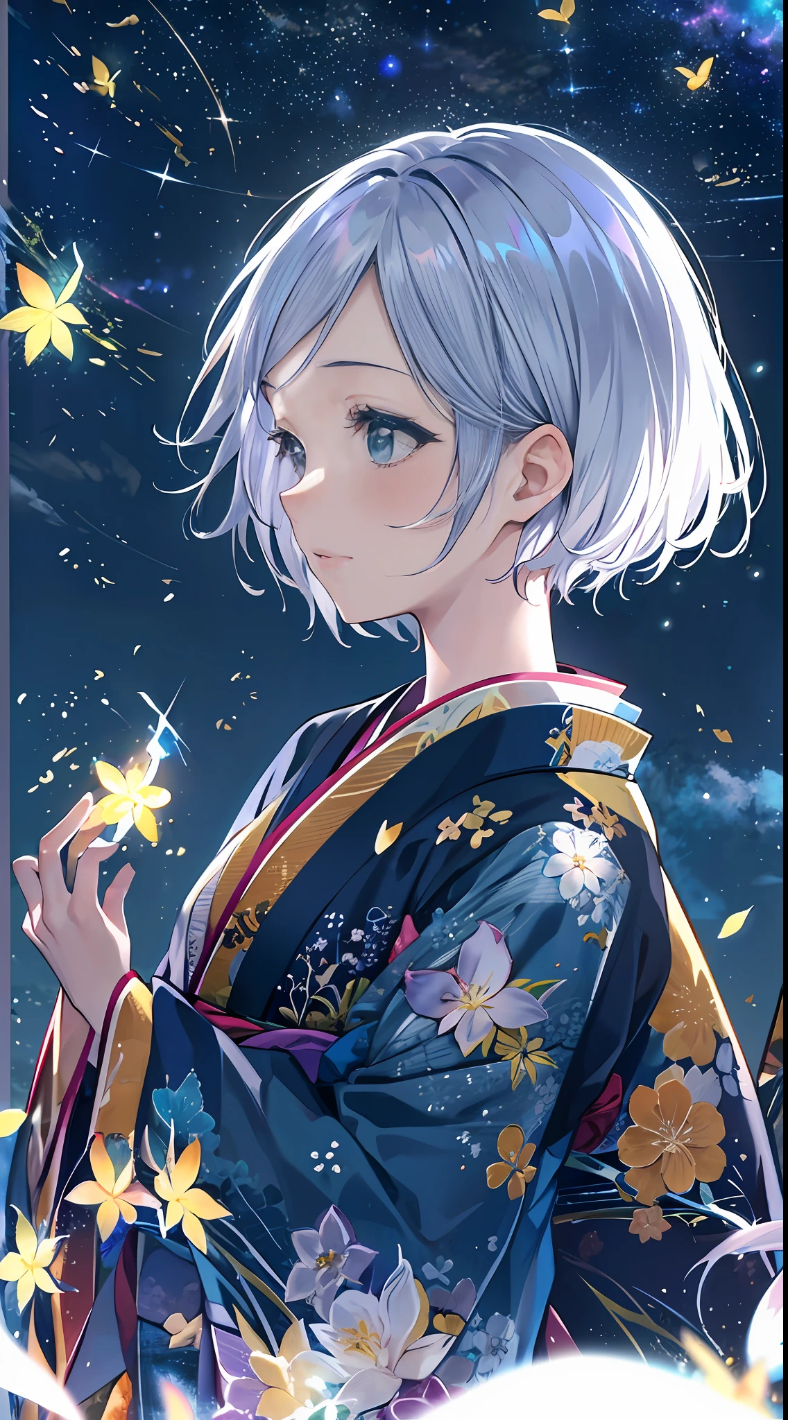 Short-haired woman with silver hair。I'm wearing a blue kimono。Fireflies are flying。I'm in the starry sky。The starry sky is colorful and shining。It is an anime-style illustration。Beautiful with the best image quality。Fantastical。