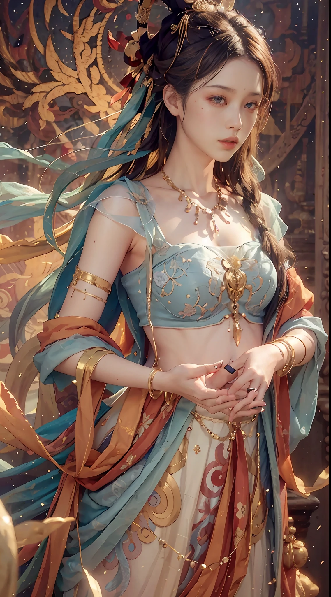(RAW Photo, Best Quality), (Realistic, Photo Realistic: 1.3), Best Quality, Highly Detailed, Masterpiece, Hyper Detail, Illustration, 1 Girl, upper_body, Dynamic Angle, Full Body Photo, World Masterpiece Theater, messy_long_hair, Best Quality, Extremely Detailed CG Unified 8k Wallpaper, Ink, Amazing, Cinematic Lighting, lens_flare,, dunhuang_style
