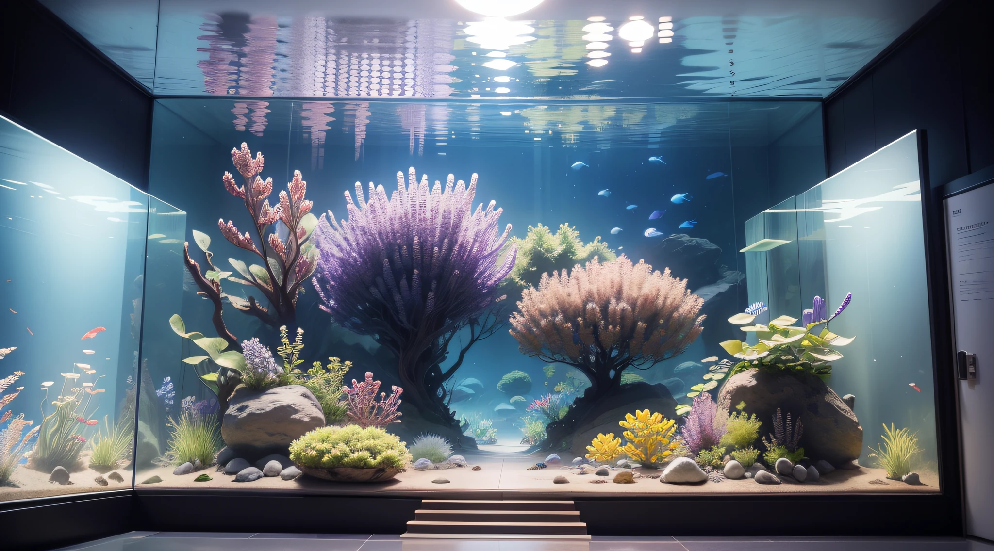 Giant aquarium in an aquarium、Lavender everywhere at the bottom of the aquarium、top-quality、in 8K、​masterpiece、a picture、Photorealsitic、Raw photography、top-quality、high-detail、真实感、photos realistic、Professional color correction