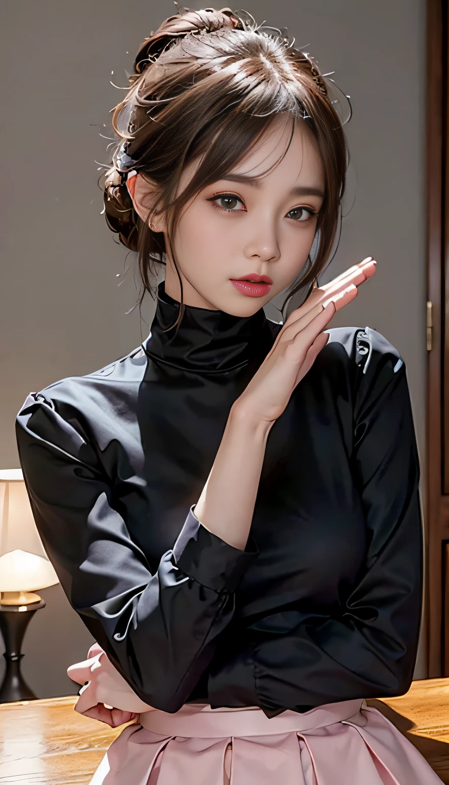 (Raw photography、top-quality)、(realisitic、Photorealsitic:1.3)、top-quality、masterpiece、extremely delicate and beautiful、A highly detailed、nffsw、A sense of unity、2k wallpaper、magnifica、Beautiful in every detail、masterpiece、浅笑、top-quality、Highly detailed ticker Unity 8K wallpapers、huge filesize、ultra-detailliert、hight resolution、ighly detailed、Female 1 Person、Slim body、D-cups、(Black Leotard Top:0.7)、(Pink skirt:1.2)、(Bun hair)、(brown haired)、Look at the front、Sharp Focus、Face Close-up、pureerosface_v1:0.8 Short Hair、