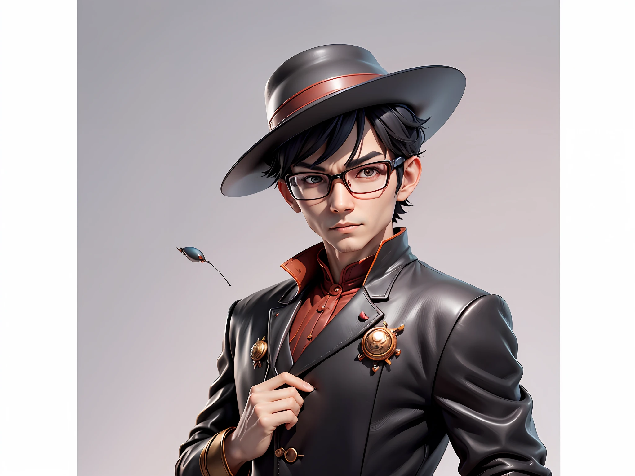 Young man with oriental face in leather hat, dragon, formal suit, short black hair, silver glasses, digital painting, 3D character design by Mark Clairedon and Pixar and Hayao Miyazaki and Akira Toriyama, the illustration is a high-definition illustration in 4K resolution with very detailed facial features and cartoon-style visuals.