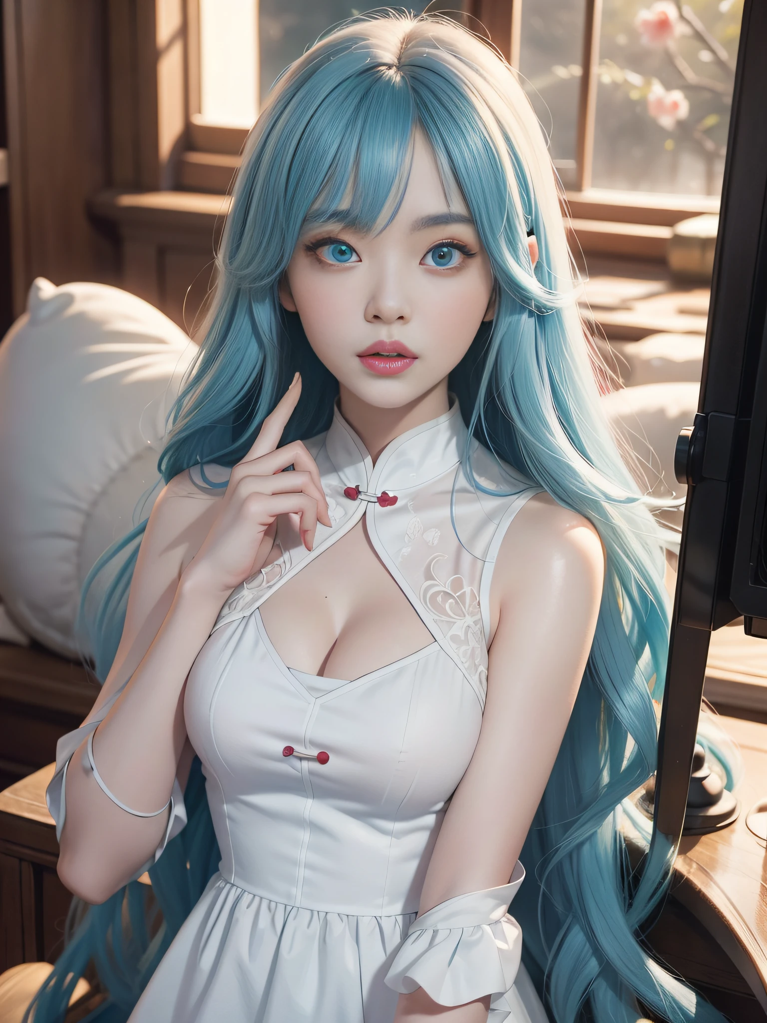 Long Light Hair,close to face,Chinese big eyes girl with lipstick on her lips, Realistic scene style, Light cyan and light maroon, I can't believe how beautiful this is, pixar-style, pixar-style, pixar-style, pixar-style,Light white and light cyan, cartoon character