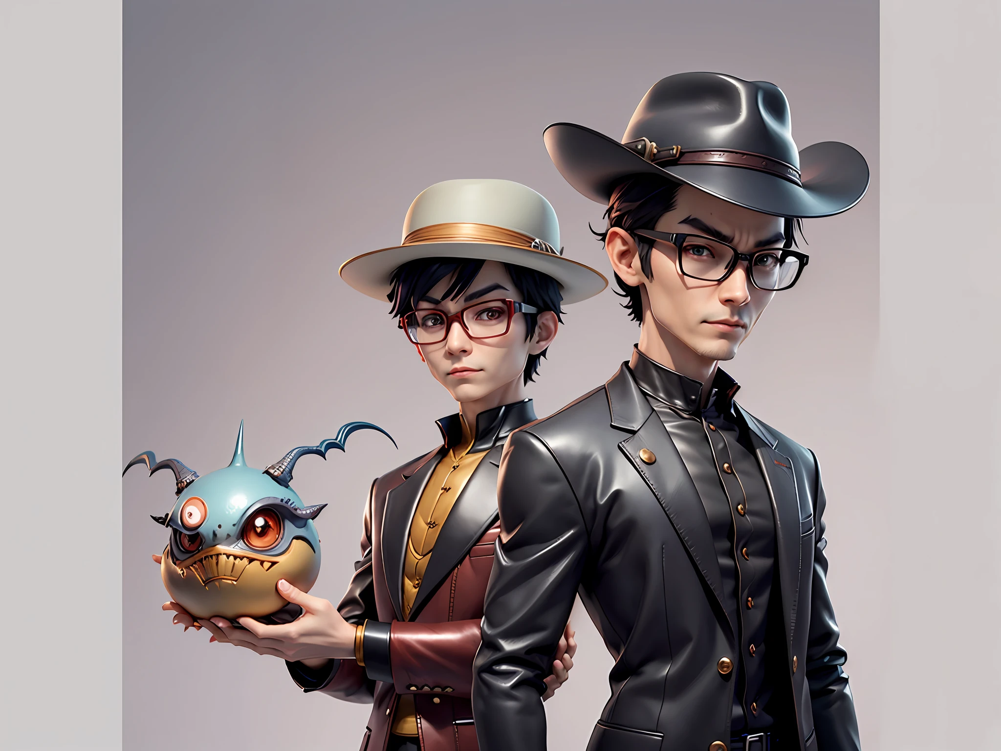 Young man with oriental face in leather hat, dragon, formal suit, short black hair, silver glasses, digital painting, 3D character design by Mark Clairedon and Pixar and Hayao Miyazaki and Akira Toriyama, the illustration is a high-definition illustration in 4K resolution with very detailed facial features and cartoon-style visuals.