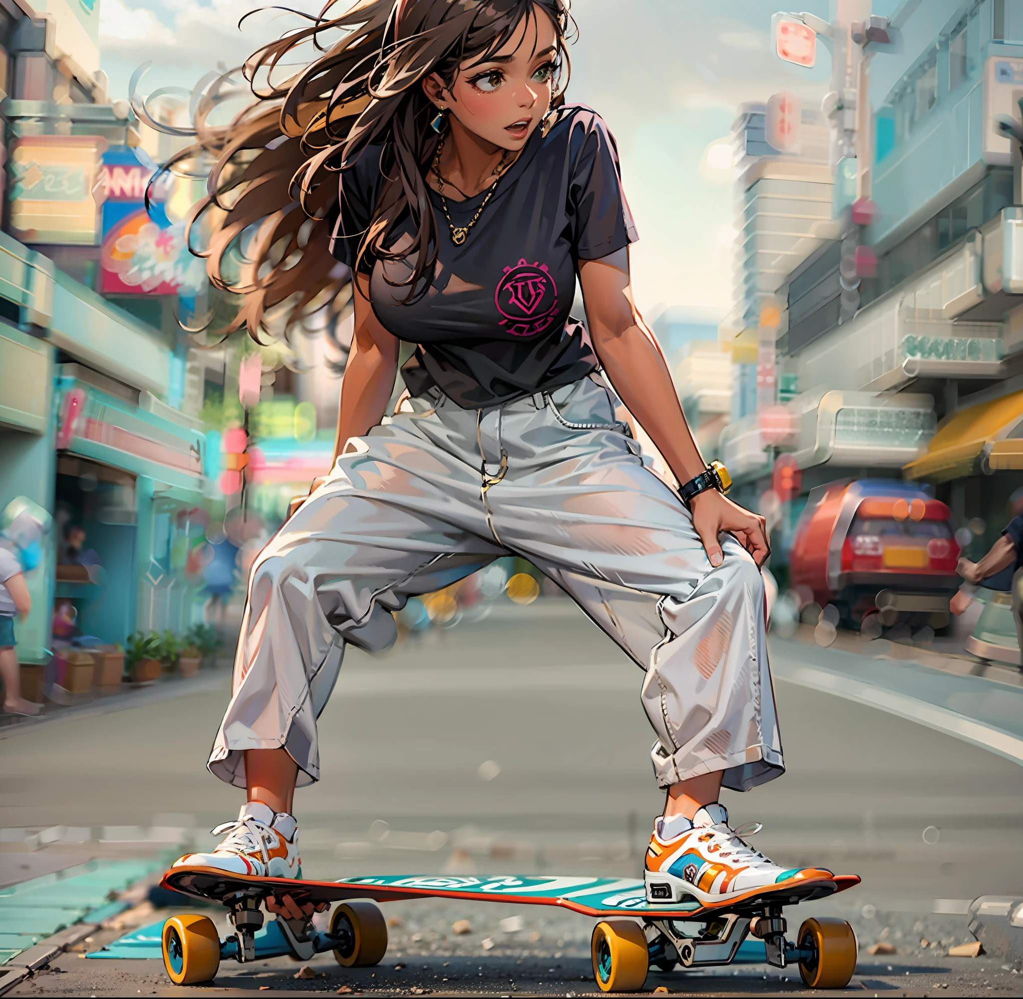 Mulher com cabelo longo,loose pants, e camisa curta, em uma pista de skate,com pessoas olhando para ela