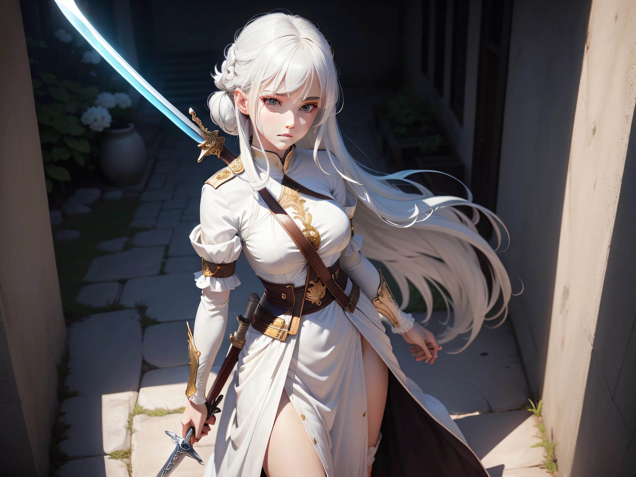 (Very detailed anime female 1.5),white color hair,Deep eyes,Holding a precious sword,The posture is proud,The surroundings are sacred and solemn