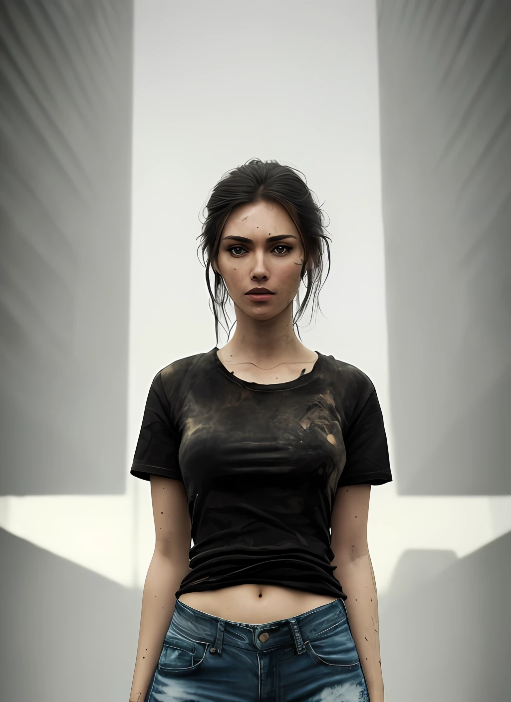 realistic photo (modelshoot style), (detailed face), ((woman waifu in a cramped rusty )), sunset, oily, sweaty, dirty, ripped, post-apocalyptic, natural skin texture, 24mm, 4k textures, soft cinematic light, adobe lightroom, photolab, hdr, (full shot body:1.4) photo of android woman, soviet union, 70s, retrofuturism, masterpiece, (photorealistic:1.4), best quality, ((old torn black round neck plain Tee-shirt, torn jeans, dirty clothes,)) beautiful lighting, ((old torn clothes, dirty))lying beaten on the ground, rain, mud, puddles, braided hairstyle, ray tracing, space background, ( very detailed background, detailed complex busy background : 1.4 ), sharp focus, volumetric fog, 8k uhd, dslr, high quality, film grain, ((depressive mood)), photorealism, lomography , at ( A sprawling soviet metropolis in a future dystopia ), view from below , translucency , (HDR:1.2), Mar, basic tee-shirt full length, in different action, standing, walking, sitting running, 27 years old italian beautiful women with black hair