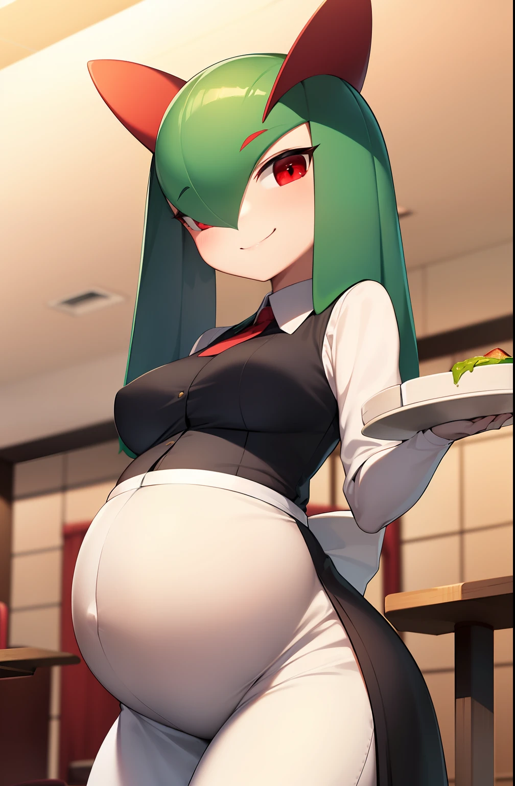 masterpiece, best quality, 1 girl, solo, kirlia, green hair, red eyes, female breasts, medium breasts, in a restaurant, smiling, maid uniform, black clothes, pregnant, carries a tray under her arm.