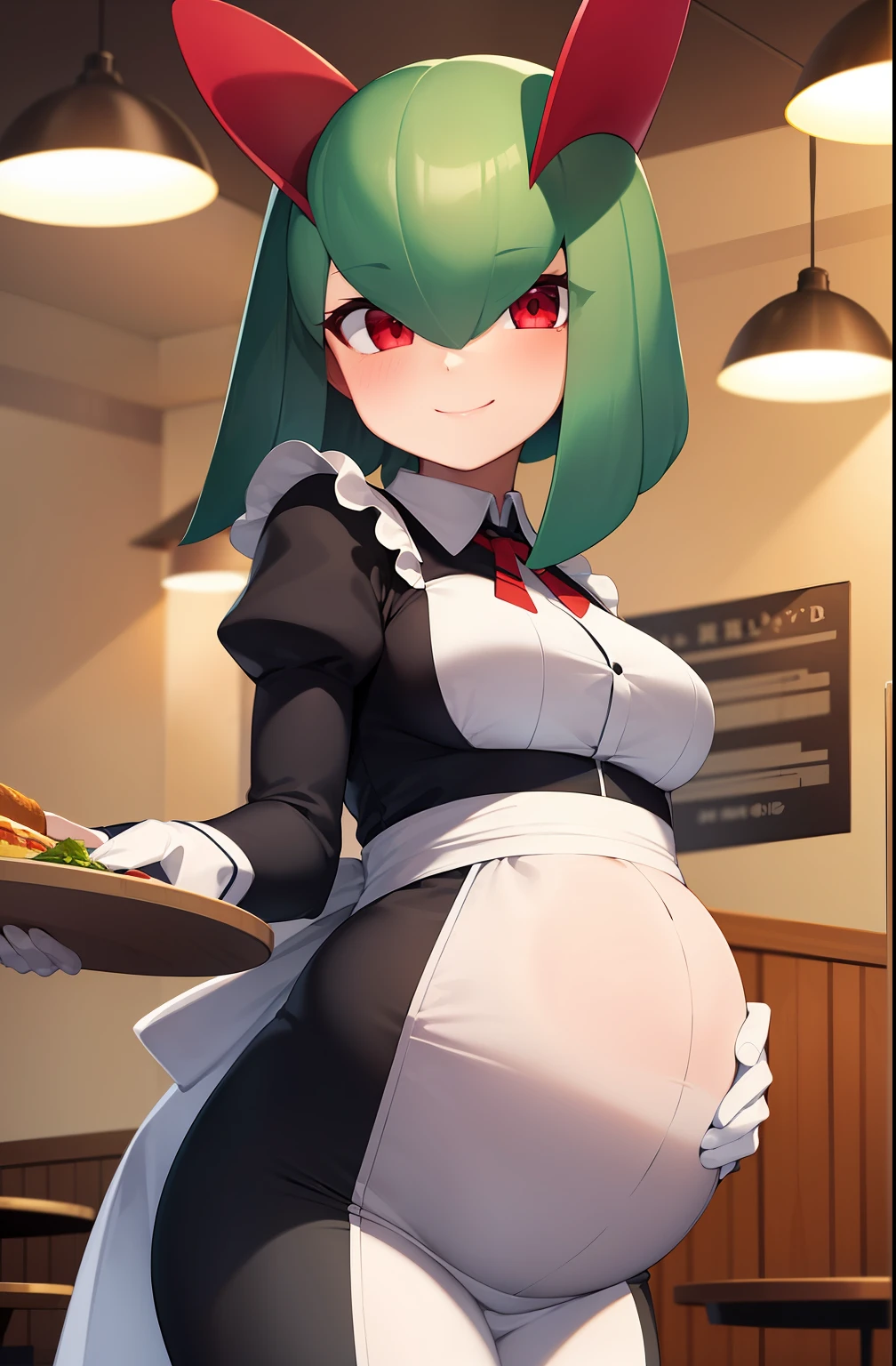 masterpiece, best quality, 1 girl, solo, kirlia, green hair, red eyes, female breasts, medium breasts, in a restaurant, smiling, maid uniform, black clothes, pregnant, carries a tray under her arm.