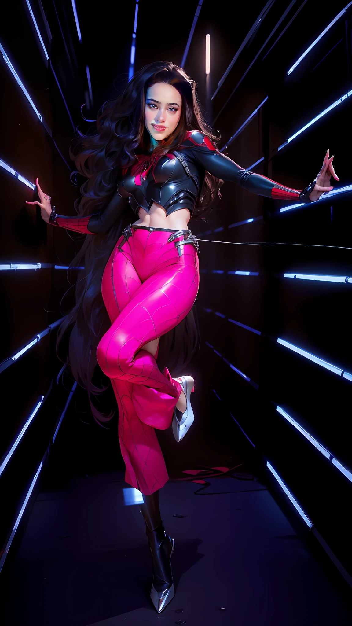 (masterpiece),(best quality),(beautiful woman in spiderman cosplay with small breasts),detailed description,high resolution,dynamic angle,dynamic pose,black and red suit, blue eyes,red lipstick,long hair, indoor setting, (pink underwear+metal accessory)