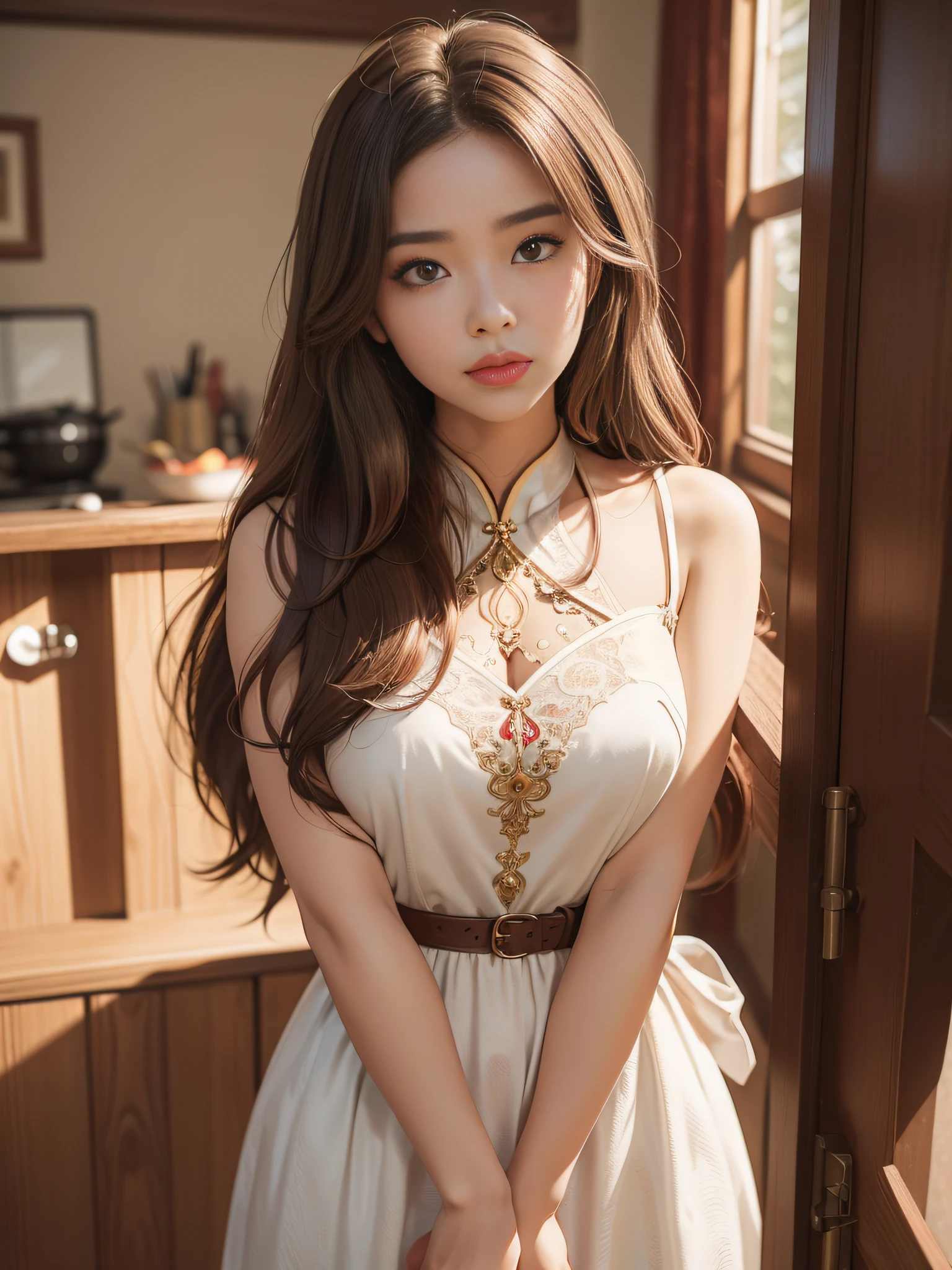 light-brown long hair,close to face,Chinese big eyes girl with lipstick on her lips, Realistic scene style, Light brown and light maroon, I can't believe how beautiful this is, pixar-style, pixar-style, pixar-style, pixar-style,Light white and light maroon, cartoon character