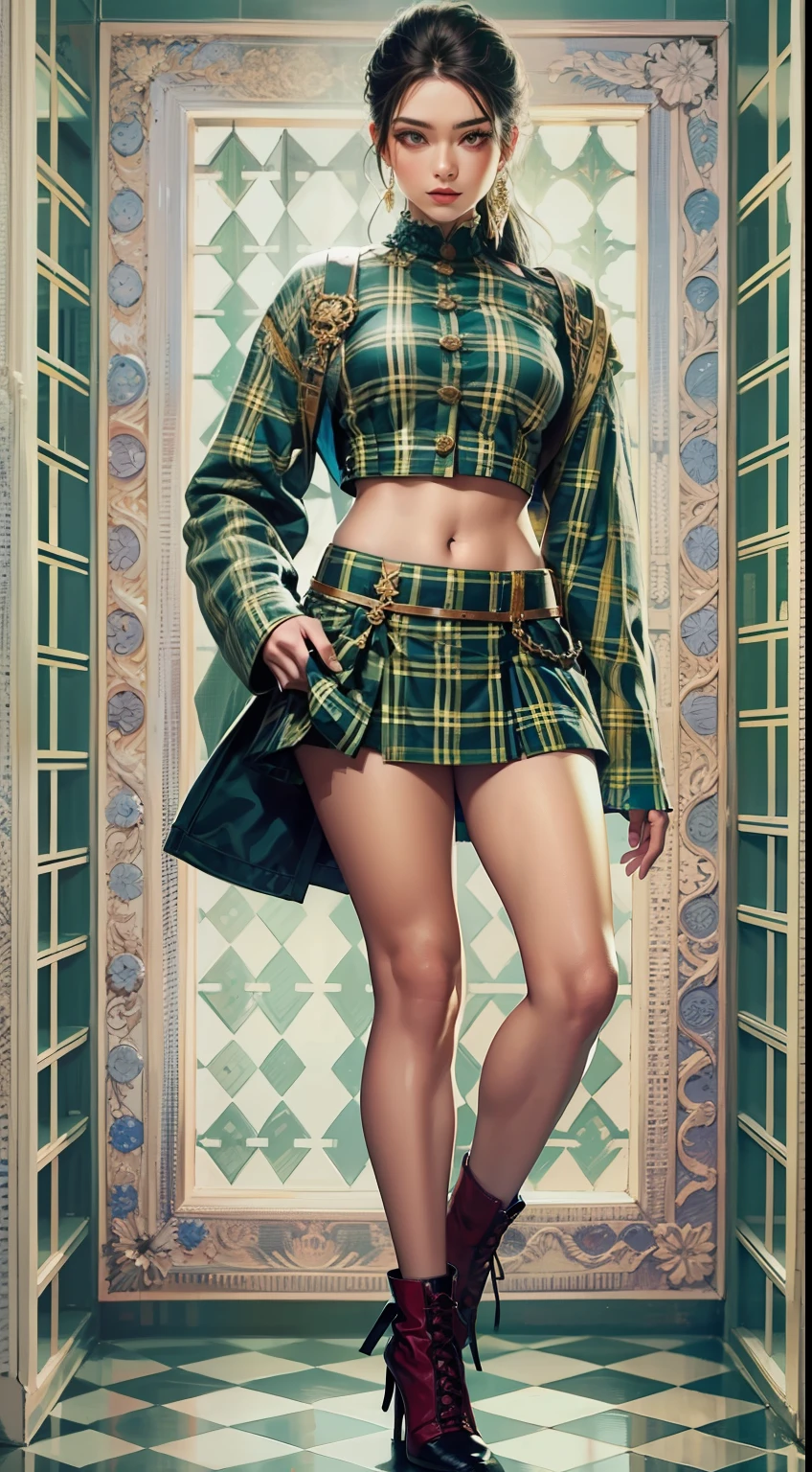 Beautiful woman in intricate Bold and Tartan Outfit