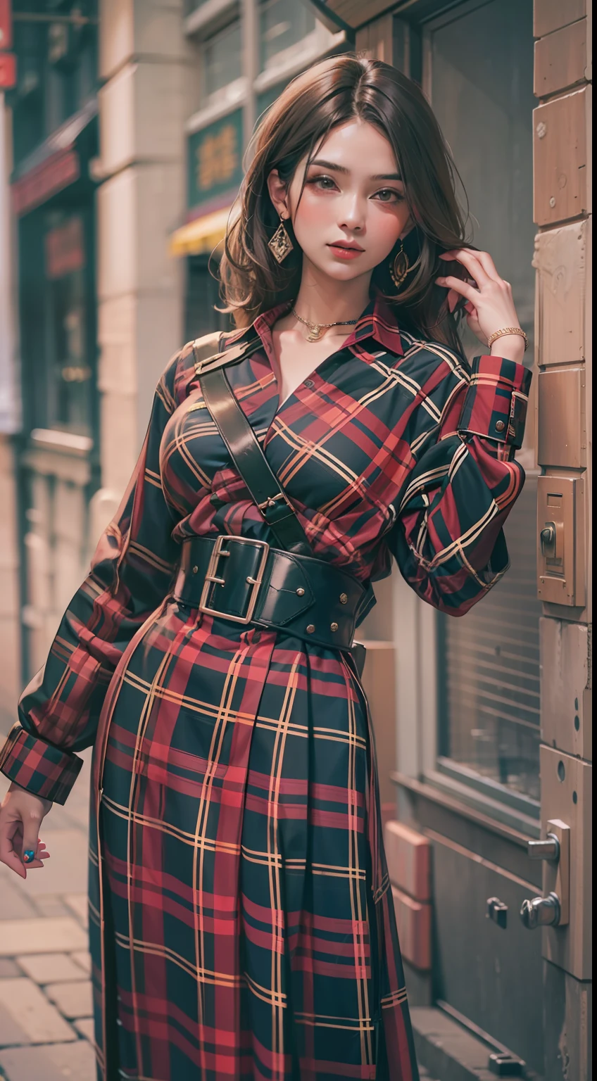 Beautiful woman in intricate Bold and Tartan Outfit