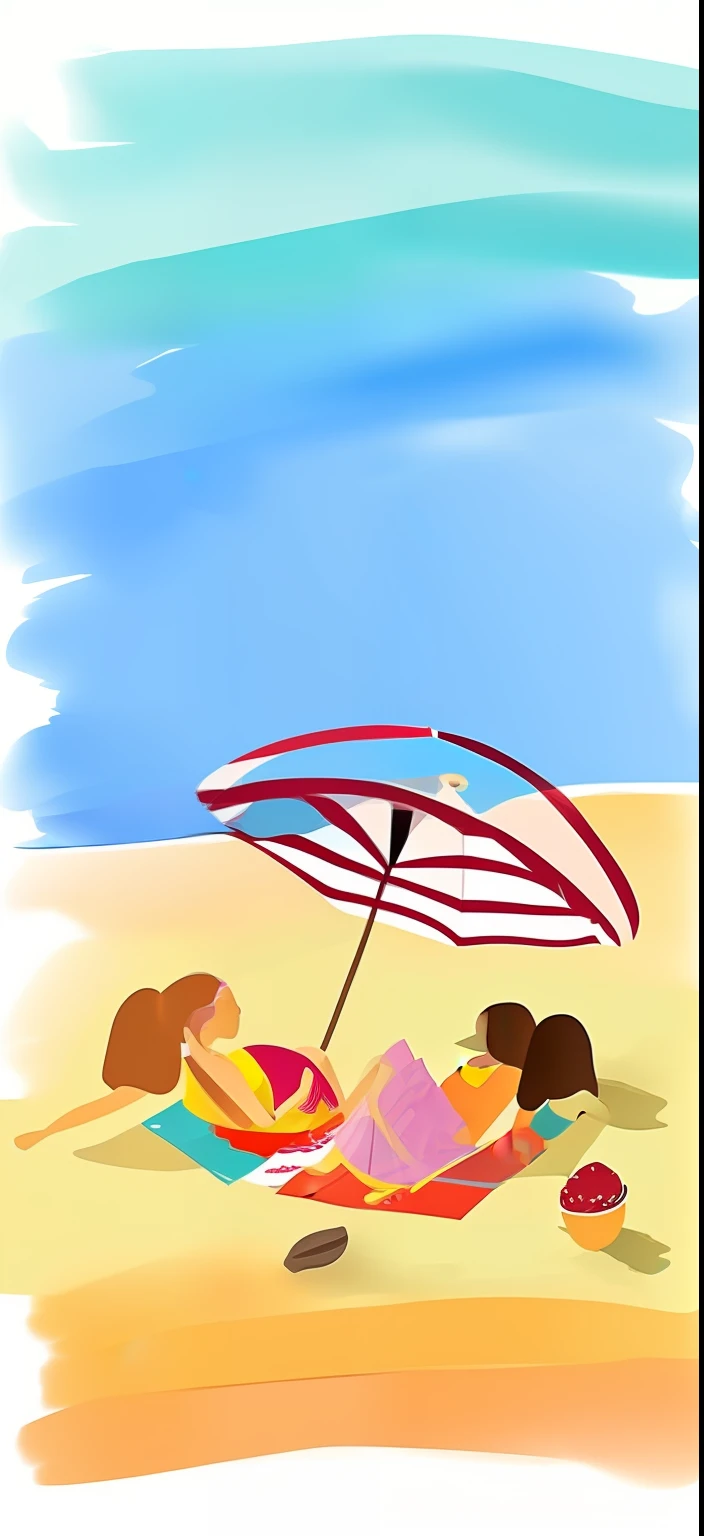 Two girls lying on the beach,beach umbrella,Fruit,