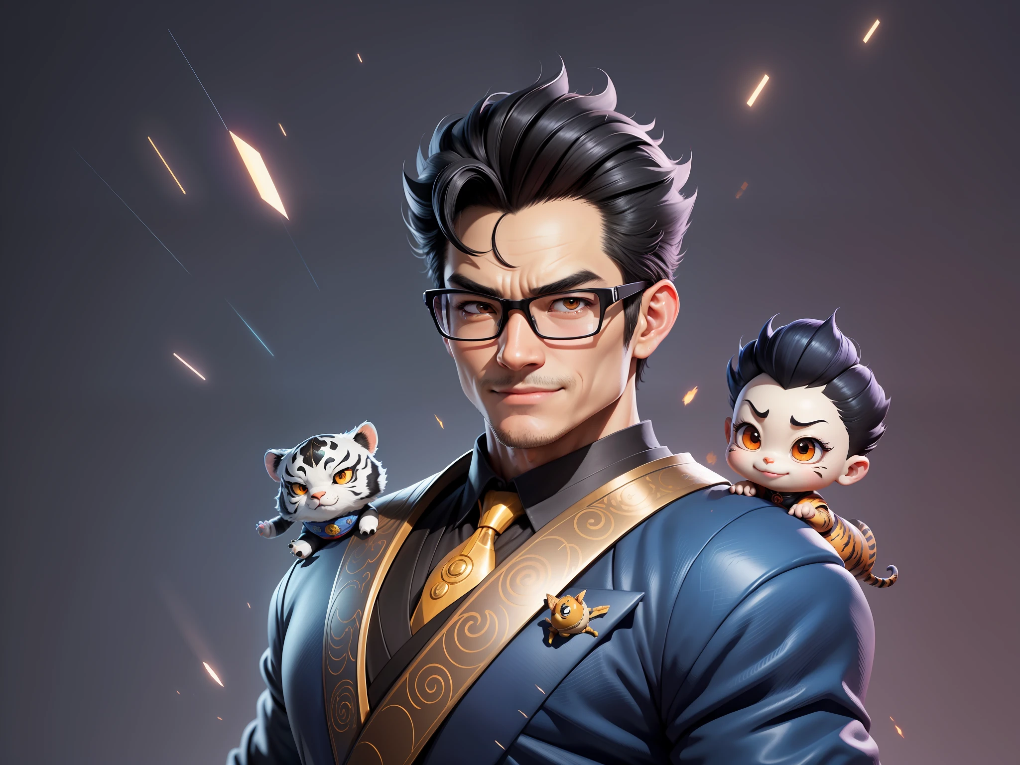 (Masterpiece), (Excellent), (Super Meticulous), (Full Body: 1.2), Super Young Man with Japanese Female Geisha, Pretty, Beautiful, Chinese Dragon, Tiger, Wind God Thor, Sexy, Bursting, Oriental Face, TV Anchor, Bust Portrait Illustration, Black Suit, Blue Tie, Slightly Chubby Face, Silver Glasses, Very Clean Face, No Beard on Chin, Black Super Short Hair, Black Eyes, Confident Smile, 3c Computer Sub-Products, iPad, iPhone, Digital Painting, 3D character design by Mark Clairedon and Pixar and Hayao Miyazaki and Akira Toriyama, the illustrations are HD illustrations in 4K resolution with highly detailed facial features and cartoon-style visuals.