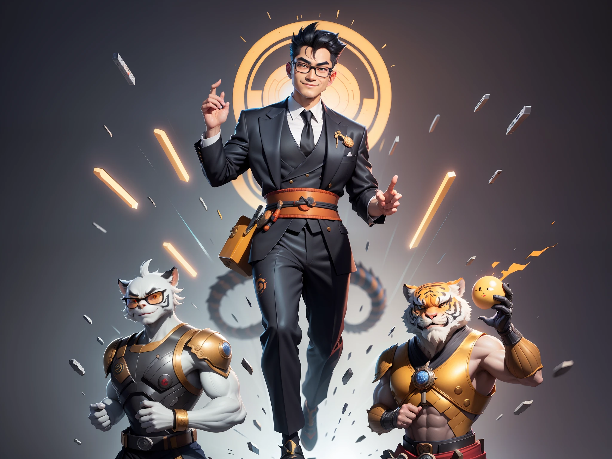 (Masterpiece), (Excellent), (Super Meticulous), (Full Body: 1.2), Super Young Man with Japanese Female Geisha, Pretty, Beautiful, Chinese Dragon, Tiger, Wind God Thor, Sexy, Bursting, Oriental Face, TV Anchor, Bust Portrait Illustration, Black Suit, Blue Tie, Slightly Chubby Face, Silver Glasses, Very Clean Face, No Beard on Chin, Black Super Short Hair, Black Eyes, Confident Smile, 3c Computer Sub-Products, iPad, iPhone, Digital Painting, 3D character design by Mark Clairedon and Pixar and Hayao Miyazaki and Akira Toriyama, the illustrations are HD illustrations in 4K resolution with highly detailed facial features and cartoon-style visuals.