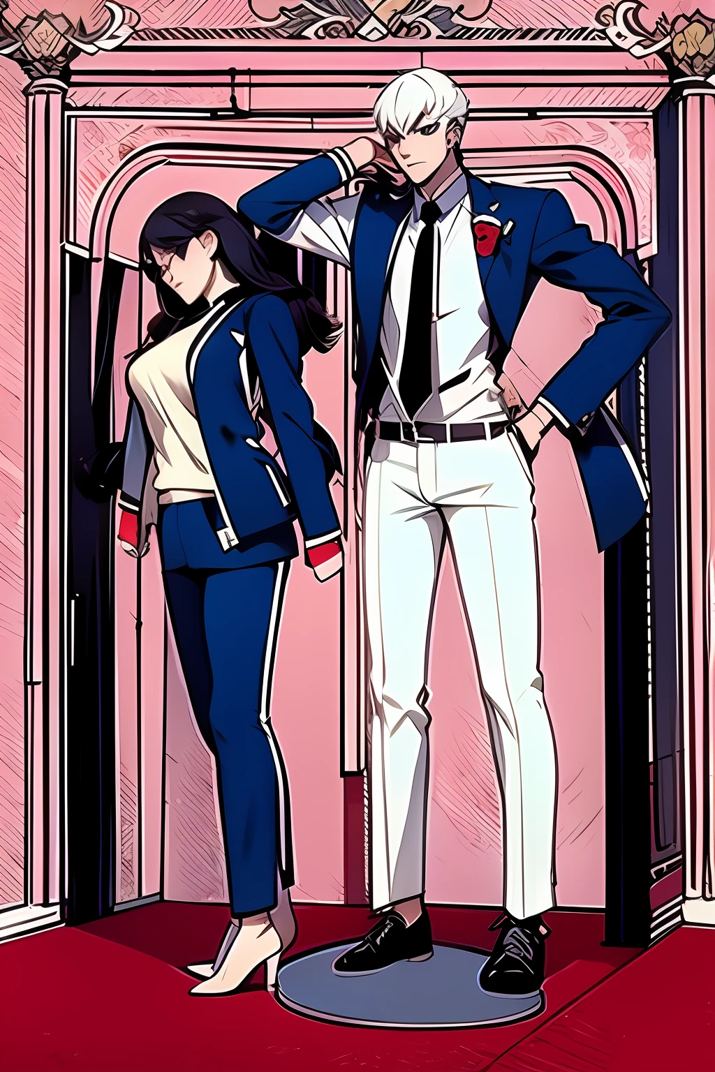 anime drawing of a man and woman standing on a scale, height 1 7 8, muscular!!, muscular!, muscular! white, yandere. tall, tall and slim, tall and muscular, very tall and slender, full body!!, by Naka Bokunen, full body;, full body!, [ adamantly defined abs ]!!, anime full body illustration