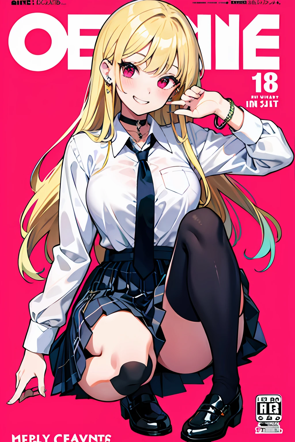 masterpiece, best quality, full body, 1girl, bangs, black choker, black necktie, blonde hair, blue skirt, blush, bracelet, breasts, choker, clothes around waist, collarbone, collared shirt, cowboy shot, dress shirt, ear piercing, eyebrows visible through hair, gradient hair, grin, gyaru, jewelry, kogal, long hair, looking at viewer, loose necktie, necktie, piercing, plaid, plaid skirt, pleated skirt, red eyes, ring, school uniform, shirt, skirt, smile, solo, white shirt, street, sky, cherry blossoms, petals,illustration, (magazine:1.3), (cover-style:1.3), fashionable, woman, vibrant, outfit, posing, front, colorful, dynamic, background, elements, confident, expression, holding, statement, accessory, majestic, coiled, around, touch, scene, text, cover, bold, attention-grabbing, title, stylish, font, catchy, headline, larger, striking, modern, trendy, focus, fashion,