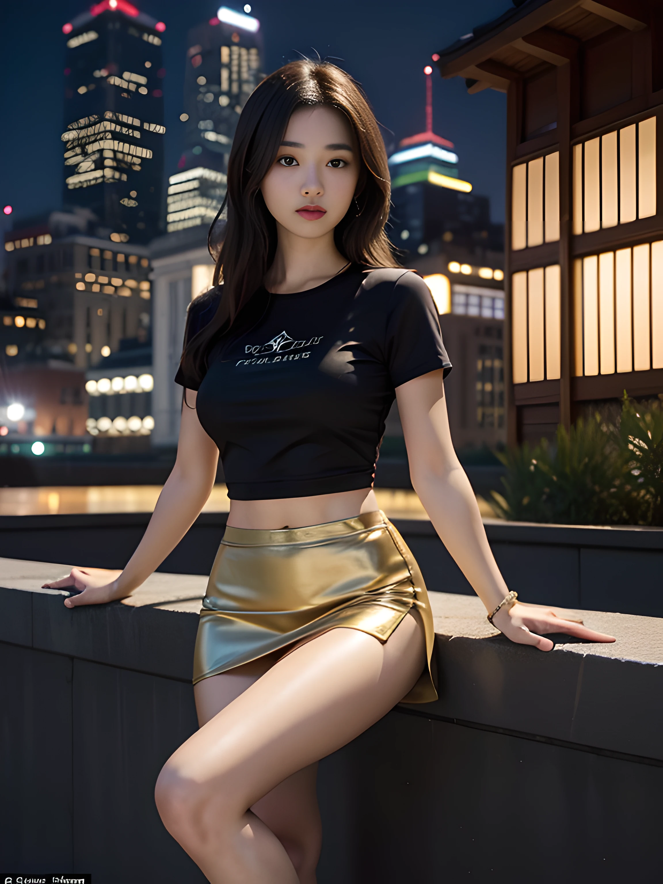 ((midynight, Acura, 8K, tmasterpiece: 1.3)), full bodyesbian, long leges, Focalors: 1.2, perfect figure beautiful woman: 1.4, Slim abs: 1.1, (dark brown hair,: 1.2 )), (Gold skinny T-shirt, short skirt,sitting on a stool: 1.2), (city night scene, the roof: 1.3)), Highly Detailed Face and Skin Textur, detailedeyes, 二重まぶた,